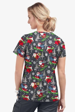 Butter-Soft Santa On Vacation Pewter Women's 1-Pocket V-Neck Tuck-In Print Scrub Top -Fashion Clothing TS452SVPW 3