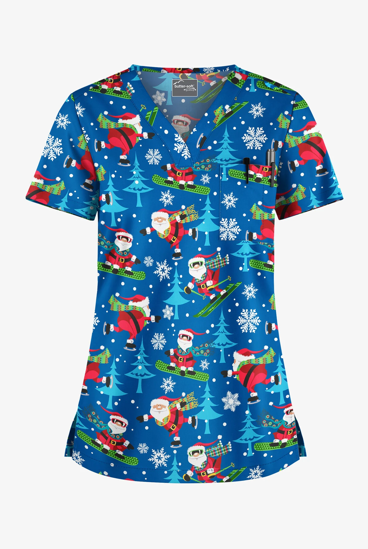 Butter-Soft Santa On Vacation Royal Women's 1-Pocket V-Neck Tuck-In Print Scrub Top 3 Butter-Soft Santa On Vacation Royal Women's 1-Pocket V-Neck Tuck-In Print Scrub Top