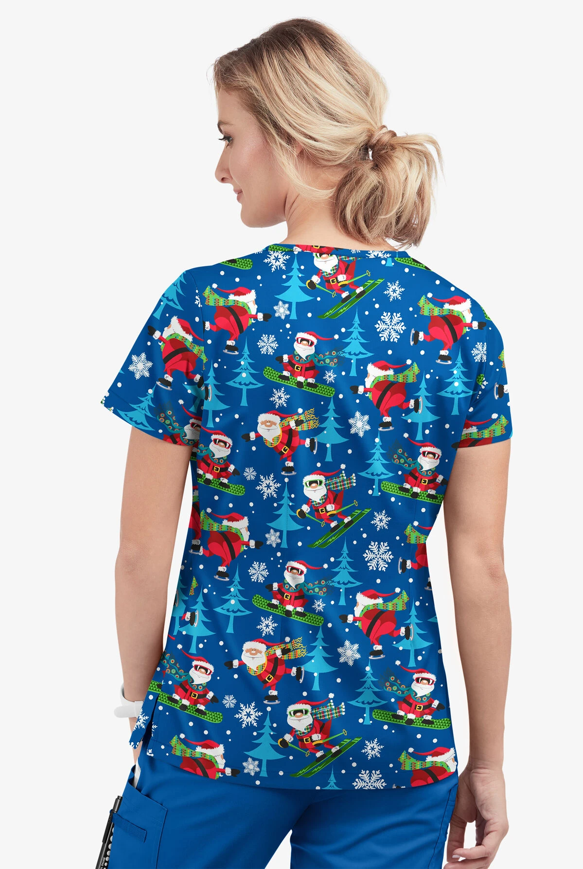 Butter-Soft Santa On Vacation Royal Women's 1-Pocket V-Neck Tuck-In Print Scrub Top 5 Butter-Soft Santa On Vacation Royal Women's 1-Pocket V-Neck Tuck-In Print Scrub Top - Image 3