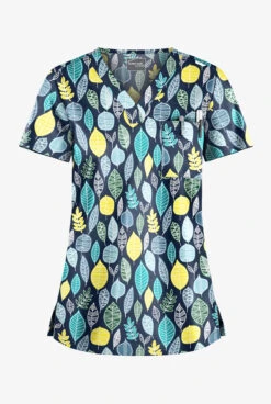UA Butter-Soft STRETCH Swedish Leaves Navy Women's 1-Pocket V-Neck Tuck-In Print Scrub Top