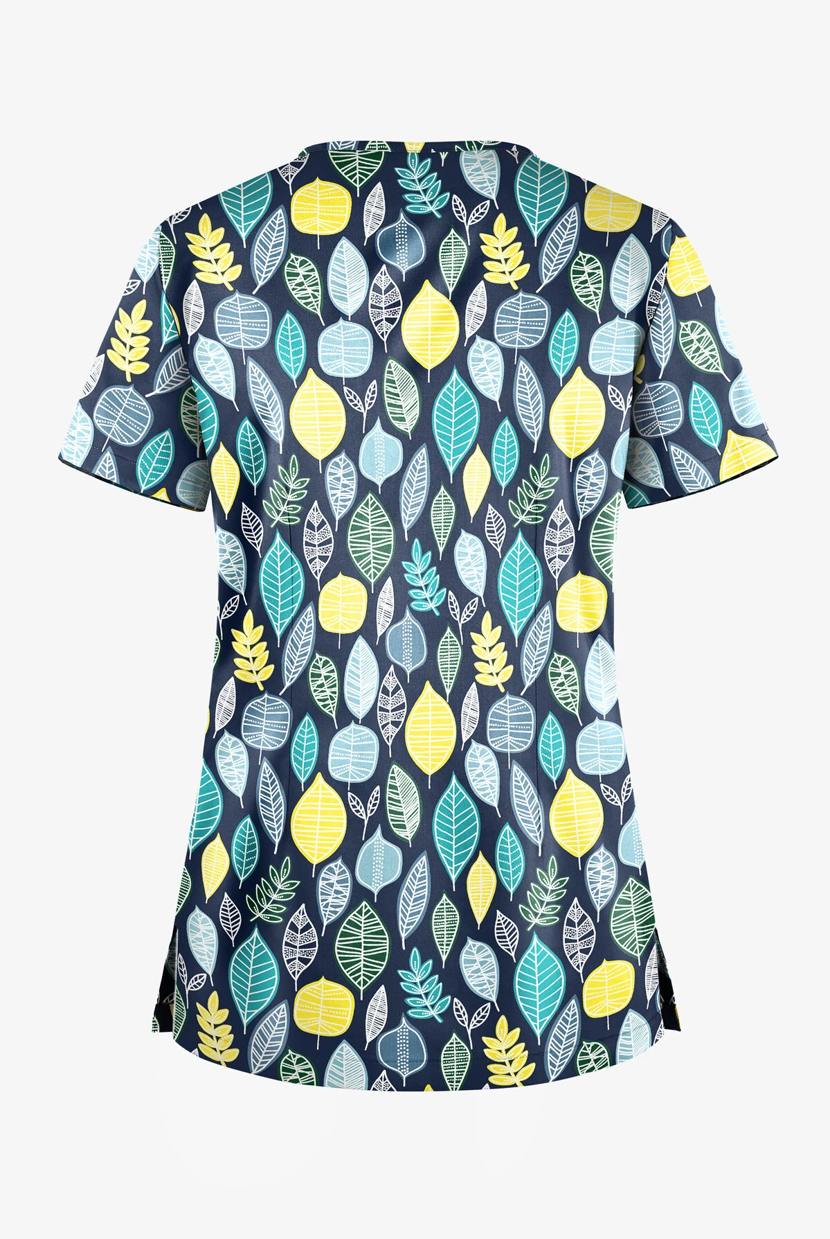 UA Butter-Soft STRETCH Swedish Leaves Navy Women's 1-Pocket V-Neck Tuck-In Print Scrub Top 4 UA Butter-Soft STRETCH Swedish Leaves Navy Women's 1-Pocket V-Neck Tuck-In Print Scrub Top - Image 2