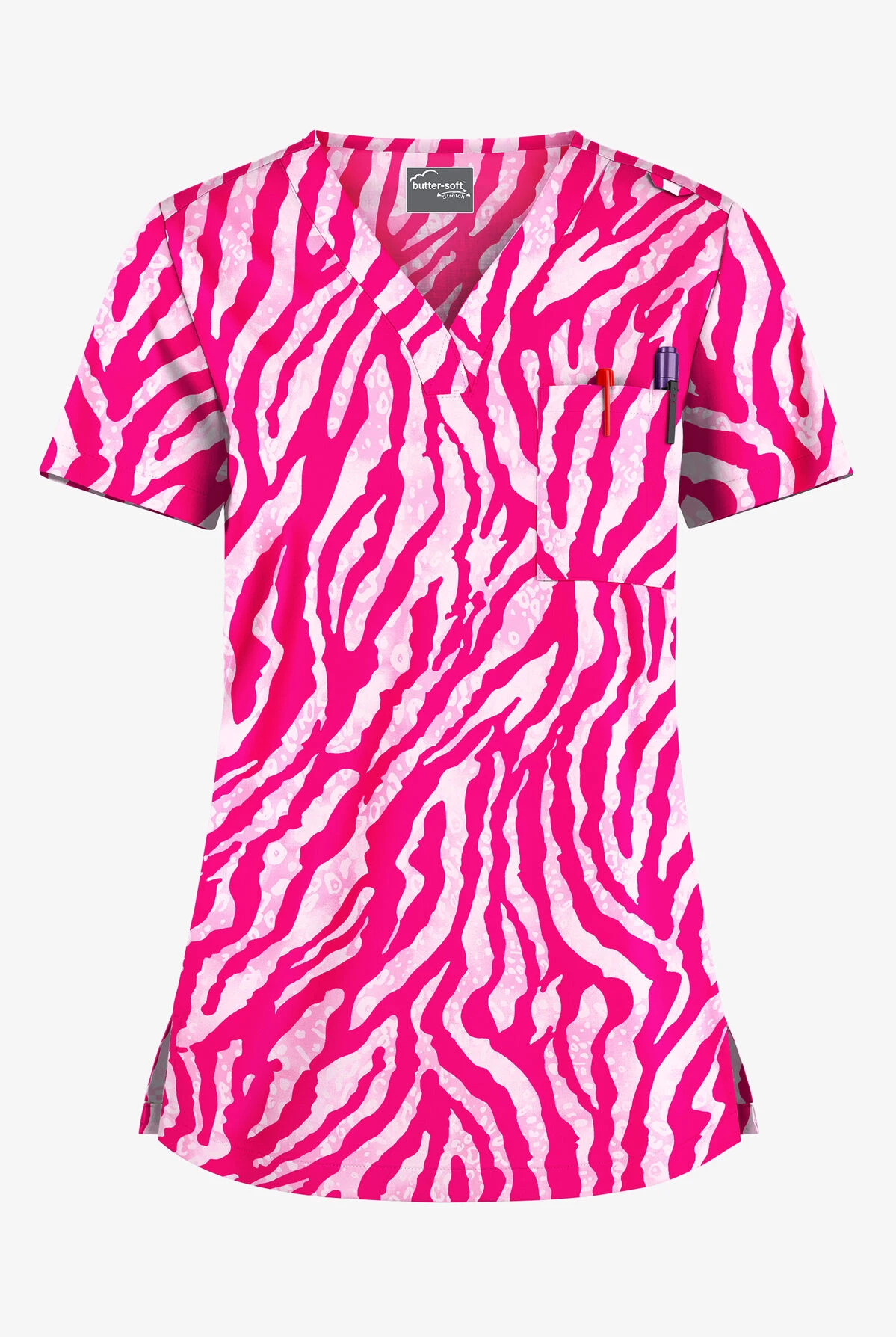 UA Butter-Soft STRETCH Tiger Fantasy Fuchsia Women's 1-Pocket V-Neck Tuck-In Printed Scrub Top 3 UA Butter-Soft STRETCH Tiger Fantasy Fuchsia Women's 1-Pocket V-Neck Tuck-In Printed Scrub Top