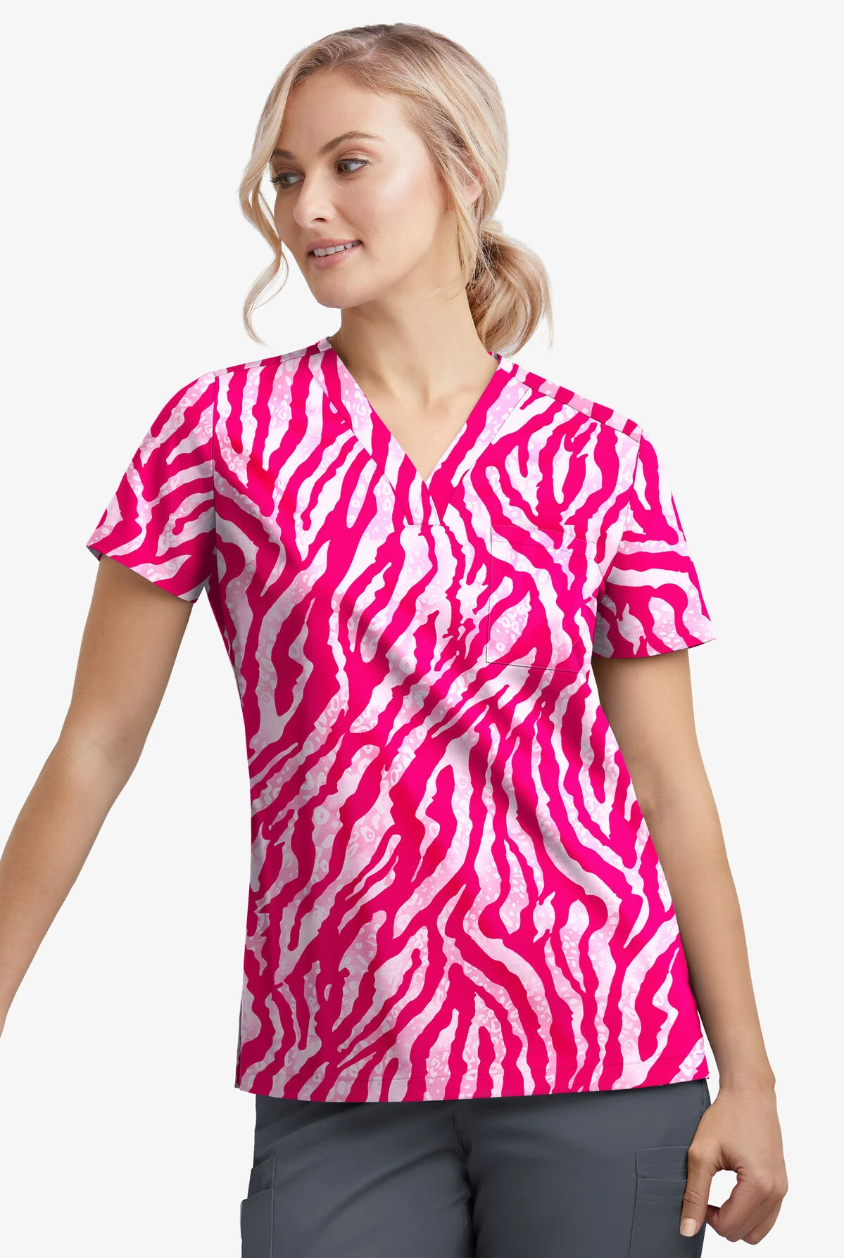 UA Butter-Soft STRETCH Tiger Fantasy Fuchsia Women's 1-Pocket V-Neck Tuck-In Printed Scrub Top 4 UA Butter-Soft STRETCH Tiger Fantasy Fuchsia Women's 1-Pocket V-Neck Tuck-In Printed Scrub Top - Image 2