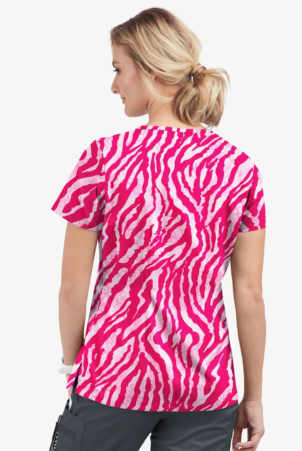 UA Butter-Soft STRETCH Tiger Fantasy Fuchsia Women's 1-Pocket V-Neck Tuck-In Printed Scrub Top 5 UA Butter-Soft STRETCH Tiger Fantasy Fuchsia Women's 1-Pocket V-Neck Tuck-In Printed Scrub Top - Image 3