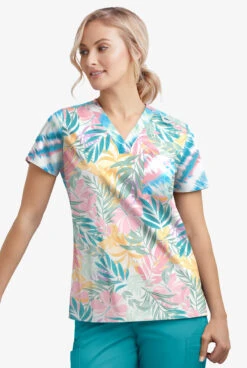 Butter-Soft STRETCH Tropical Mix & Belize Ikat Women's 1-Pocket V-Neck Tuck-In Mixed Print Scrub Top -Fashion Clothing TS452TMWT 092123 3