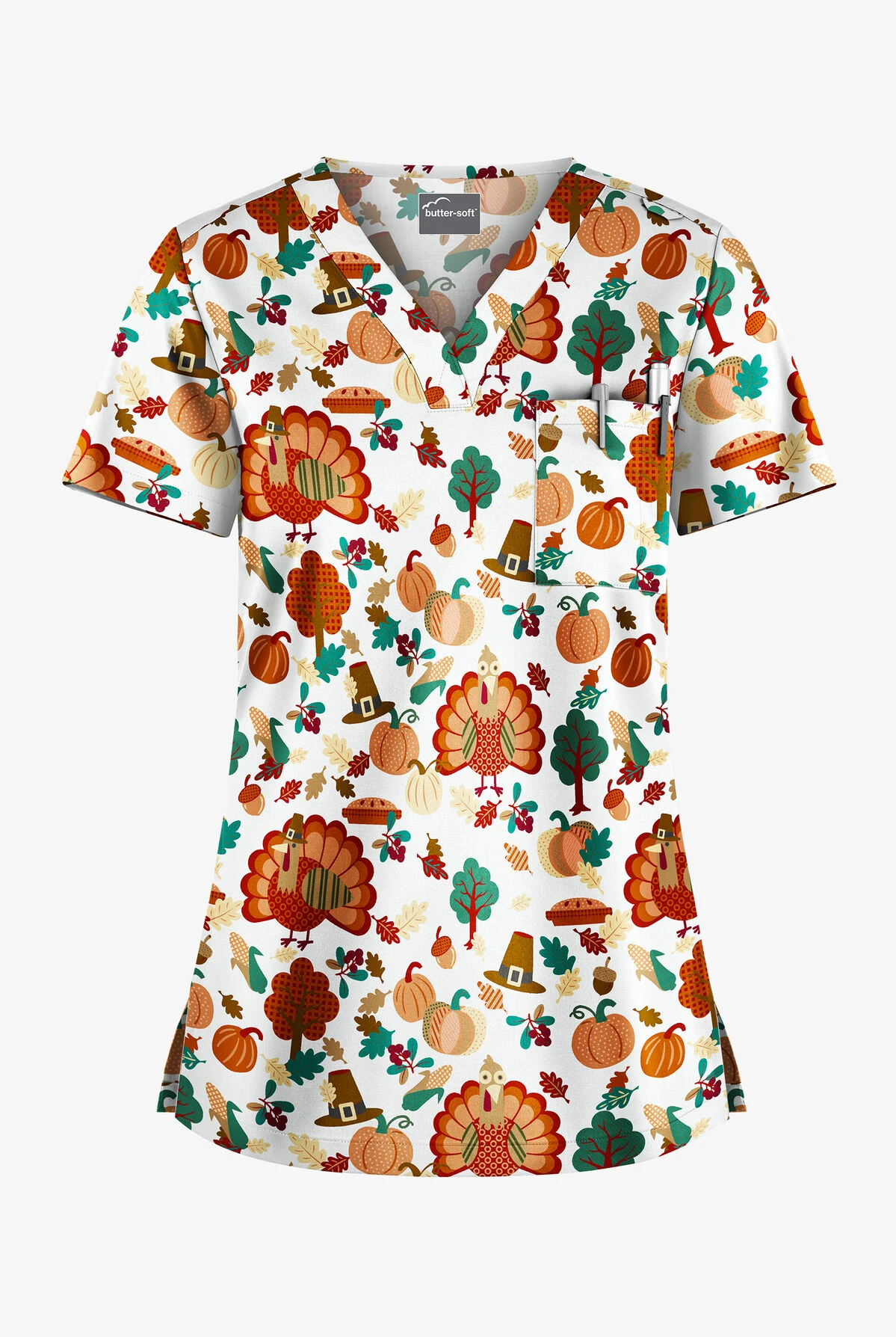 Butter-Soft Thanksgiving Time Women's 1-Pocket V-Neck Tuck-In Print Scrub Top 3 Butter-Soft Thanksgiving Time Women's 1-Pocket V-Neck Tuck-In Print Scrub Top