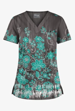 UA Butter-Soft STRETCH Wildflower Border Pewter Women's 1-Pocket V-Neck Tuck-In Printed Scrub Top