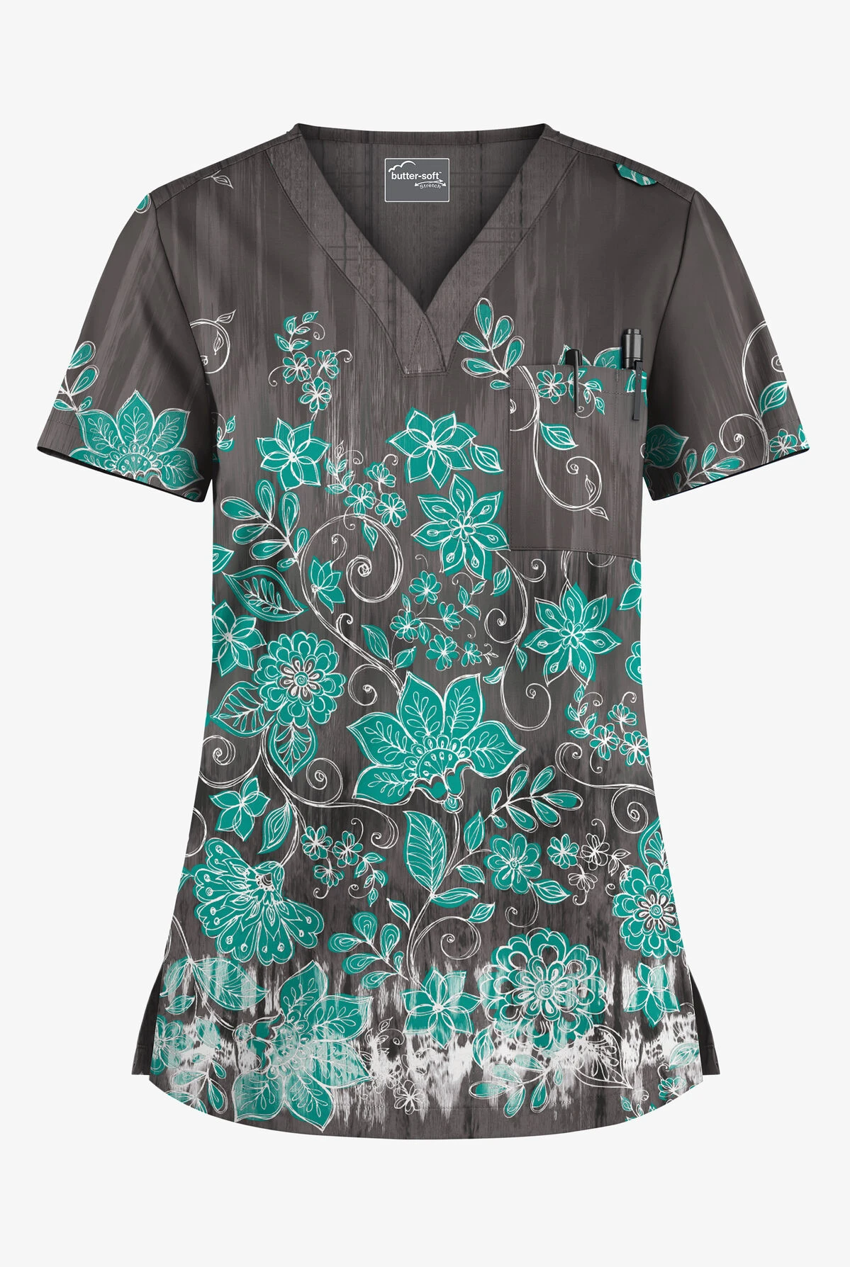 UA Butter-Soft STRETCH Wildflower Border Pewter Women's 1-Pocket V-Neck Tuck-In Printed Scrub Top 3 UA Butter-Soft STRETCH Wildflower Border Pewter Women's 1-Pocket V-Neck Tuck-In Printed Scrub Top