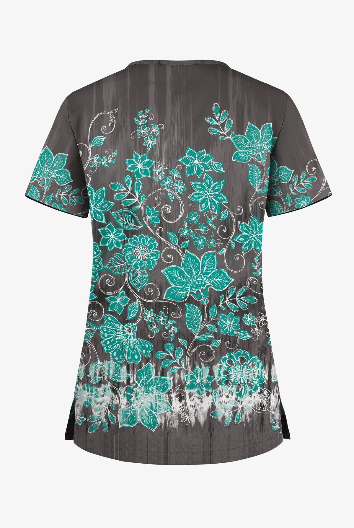 UA Butter-Soft STRETCH Wildflower Border Pewter Women's 1-Pocket V-Neck Tuck-In Printed Scrub Top 4 UA Butter-Soft STRETCH Wildflower Border Pewter Women's 1-Pocket V-Neck Tuck-In Printed Scrub Top - Image 2