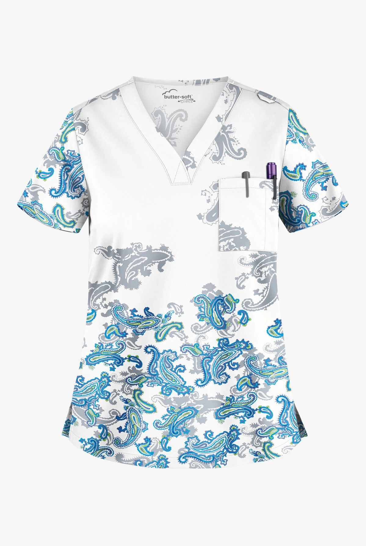 UA Butter-Soft STRETCH Paisley Shadows Women's 1-Pocket V-Neck Print Scrub Top 3 UA Butter-Soft STRETCH Paisley Shadows Women's 1-Pocket V-Neck Print Scrub Top