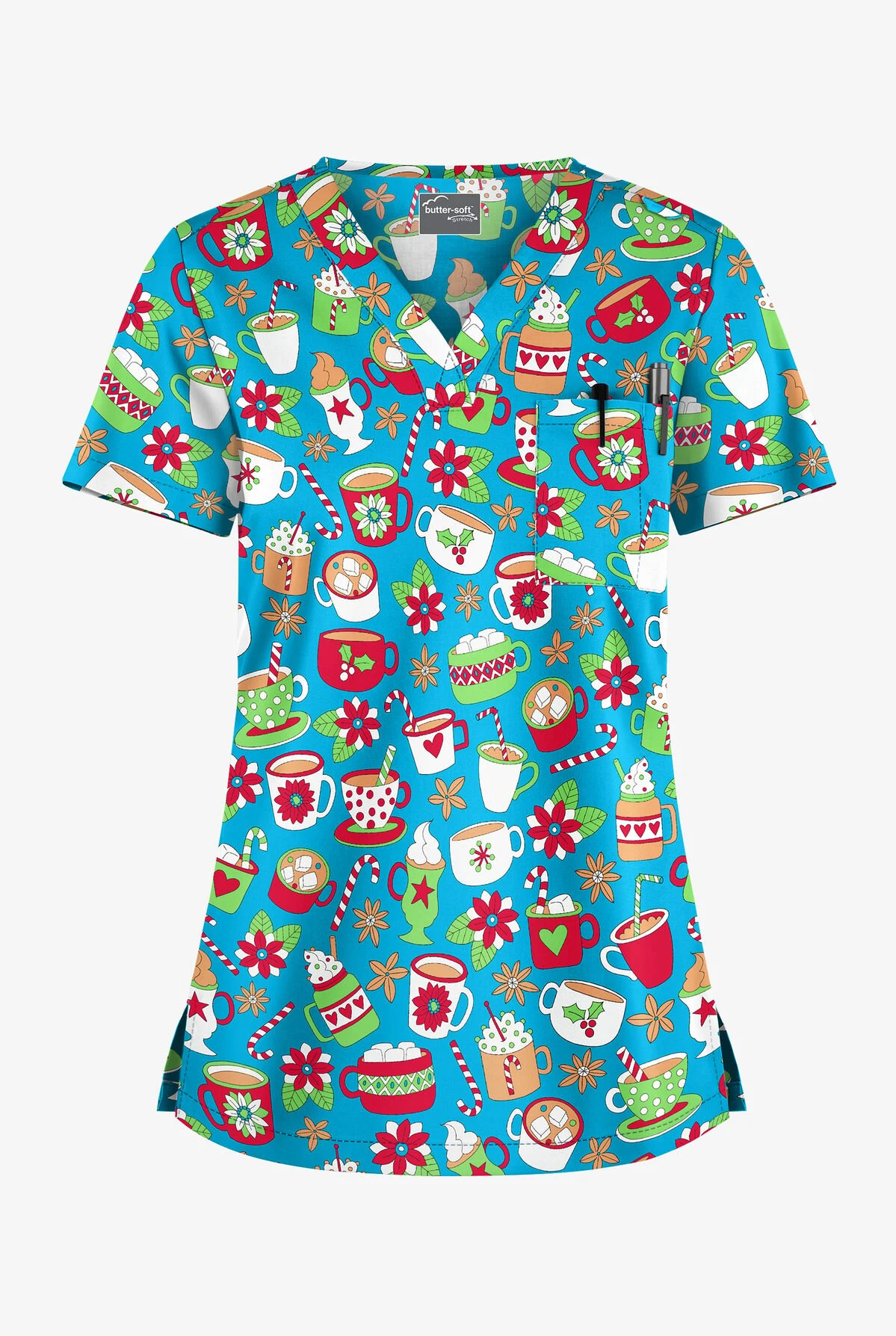 Butter-Soft X-Mas Coco Turquoise Women's 1-Pocket V-Neck Tuck-In Print Scrub Top 3 Butter-Soft X-Mas Coco Turquoise Women's 1-Pocket V-Neck Tuck-In Print Scrub Top