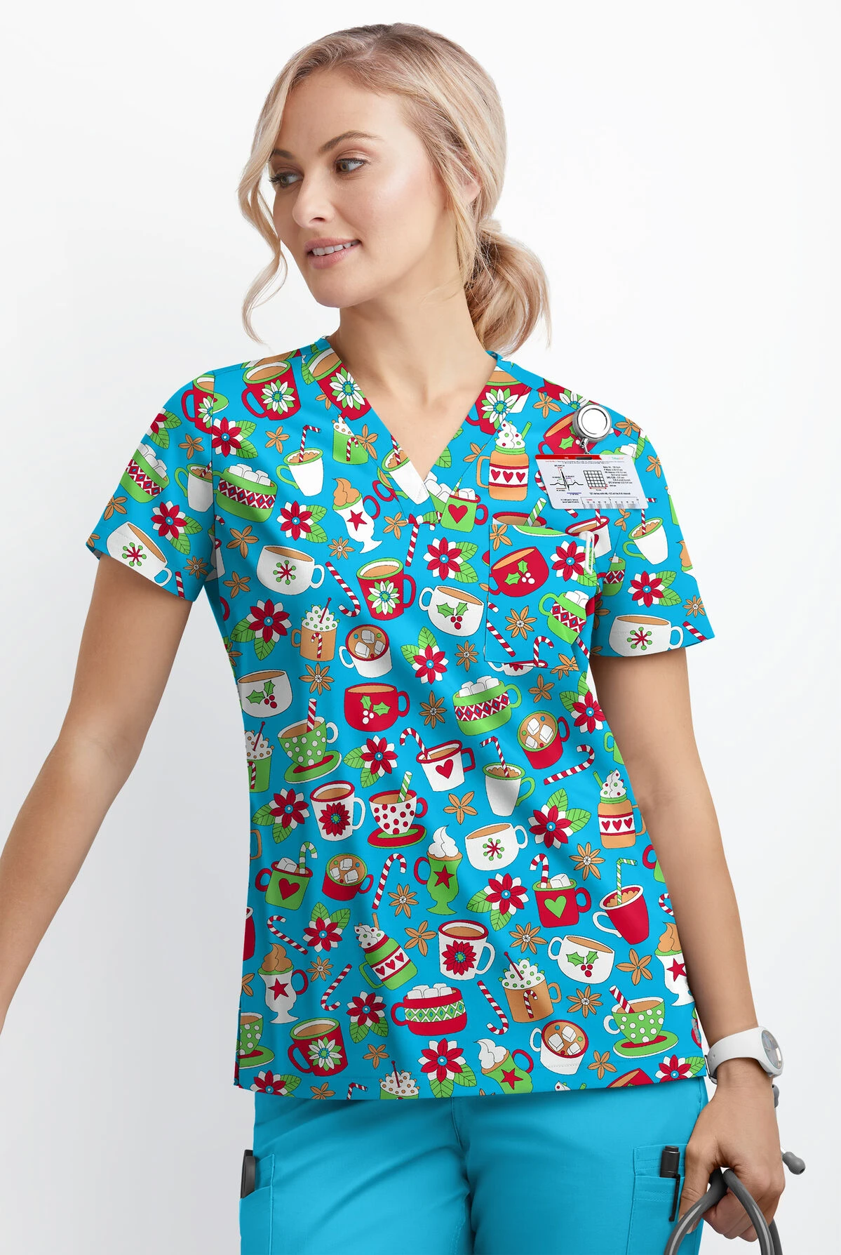 Butter-Soft X-Mas Coco Turquoise Women's 1-Pocket V-Neck Tuck-In Print Scrub Top 4 Butter-Soft X-Mas Coco Turquoise Women's 1-Pocket V-Neck Tuck-In Print Scrub Top - Image 2