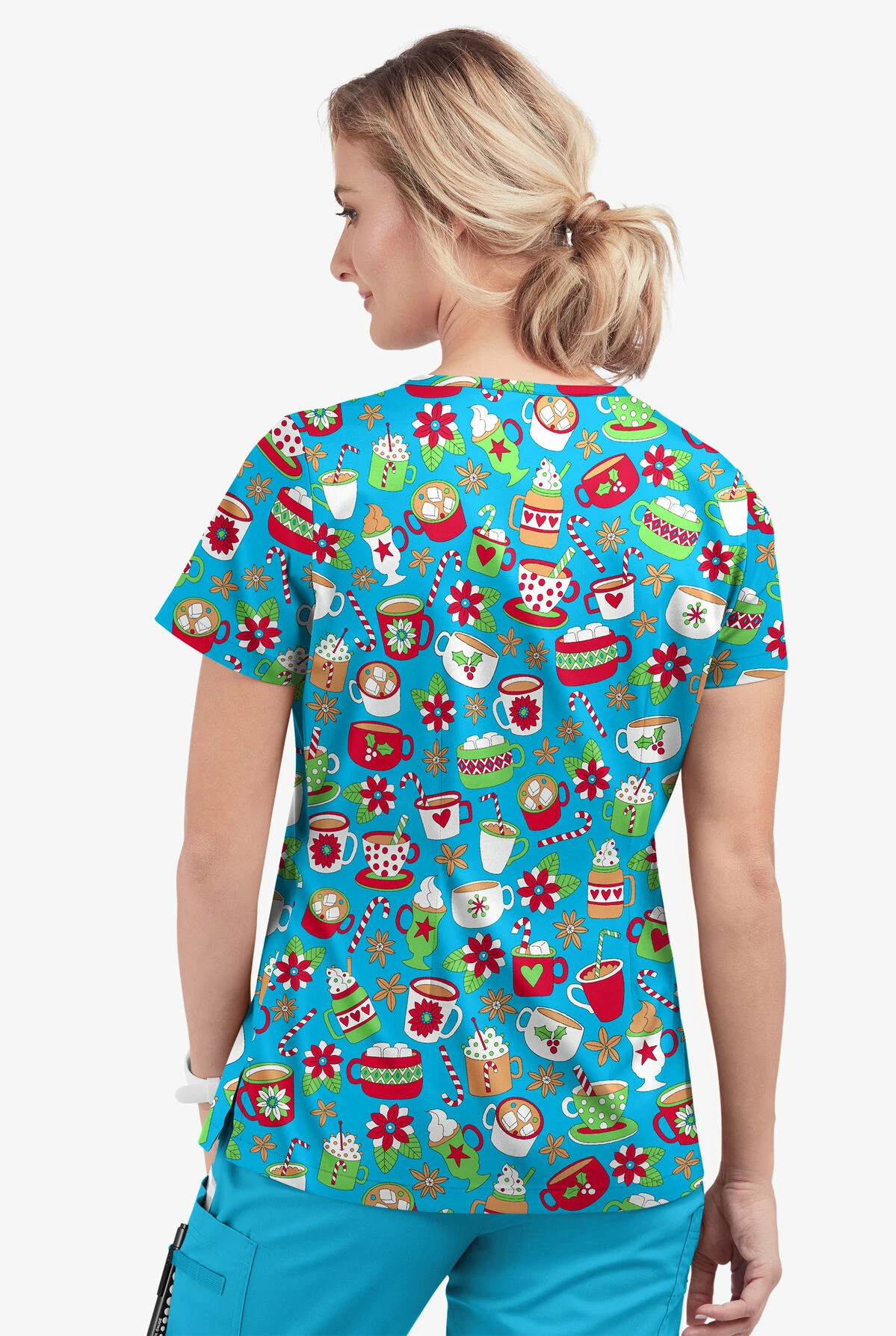 Butter-Soft X-Mas Coco Turquoise Women's 1-Pocket V-Neck Tuck-In Print Scrub Top 5 Butter-Soft X-Mas Coco Turquoise Women's 1-Pocket V-Neck Tuck-In Print Scrub Top - Image 3