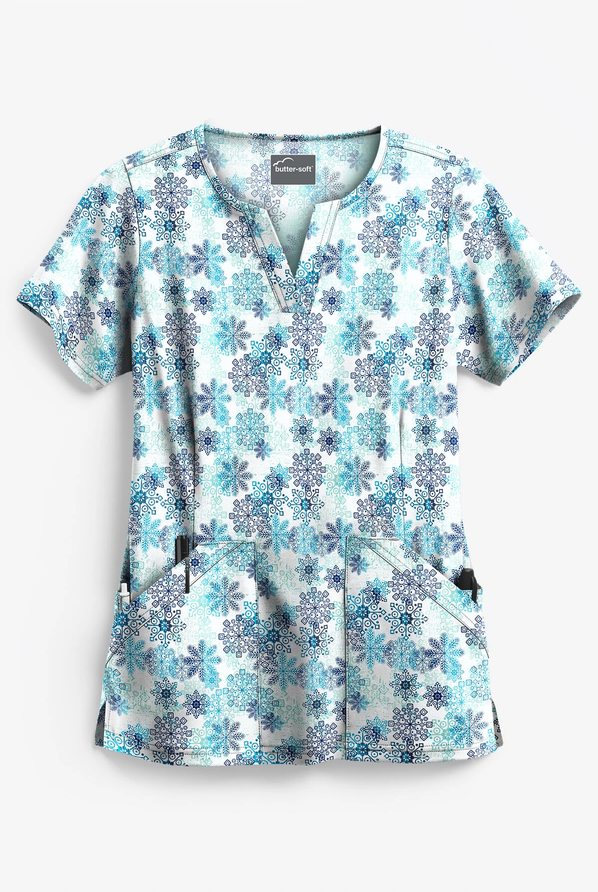 Butter-Soft Falling Snowflakes Aqua Moon Women's 4-Pocket Notch Neck Print Scrub Top 3 Butter-Soft Falling Snowflakes Aqua Moon Women's 4-Pocket Notch Neck Print Scrub Top