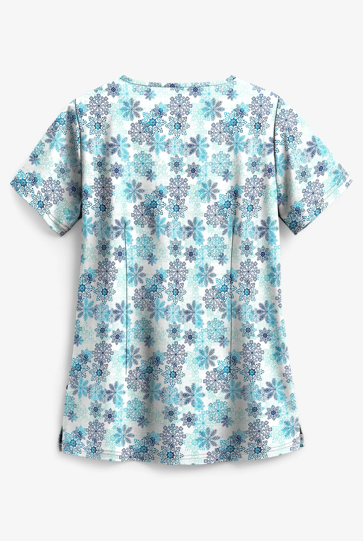 Butter-Soft Falling Snowflakes Aqua Moon Women's 4-Pocket Notch Neck Print Scrub Top 4 Butter-Soft Falling Snowflakes Aqua Moon Women's 4-Pocket Notch Neck Print Scrub Top - Image 2