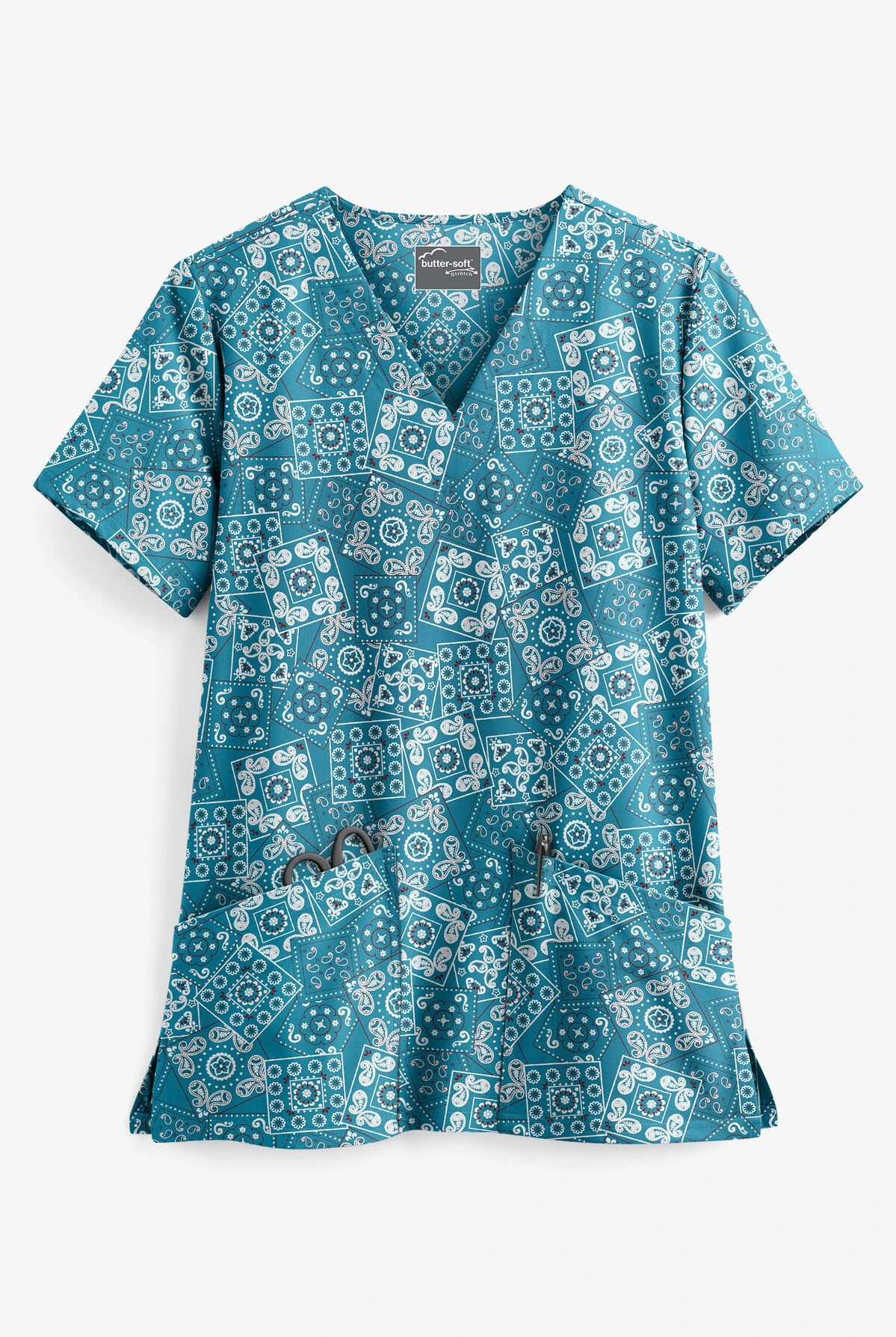 UA Butter-Soft STRETCH Bandana Paisley Harbor Blue Women's 2-Pocket V-Neck Print Scrub Top 3 UA Butter-Soft STRETCH Bandana Paisley Harbor Blue Women's 2-Pocket V-Neck Print Scrub Top