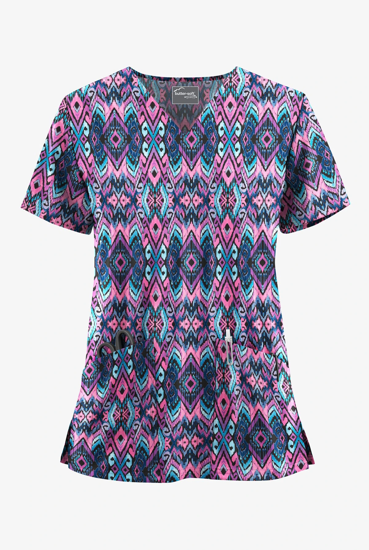 UA Butter-Soft STRETCH Cantik Ikat Women's 2-Pocket V-Neck Printed Scrub Top 3 UA Butter-Soft STRETCH Cantik Ikat Women's 2-Pocket V-Neck Printed Scrub Top