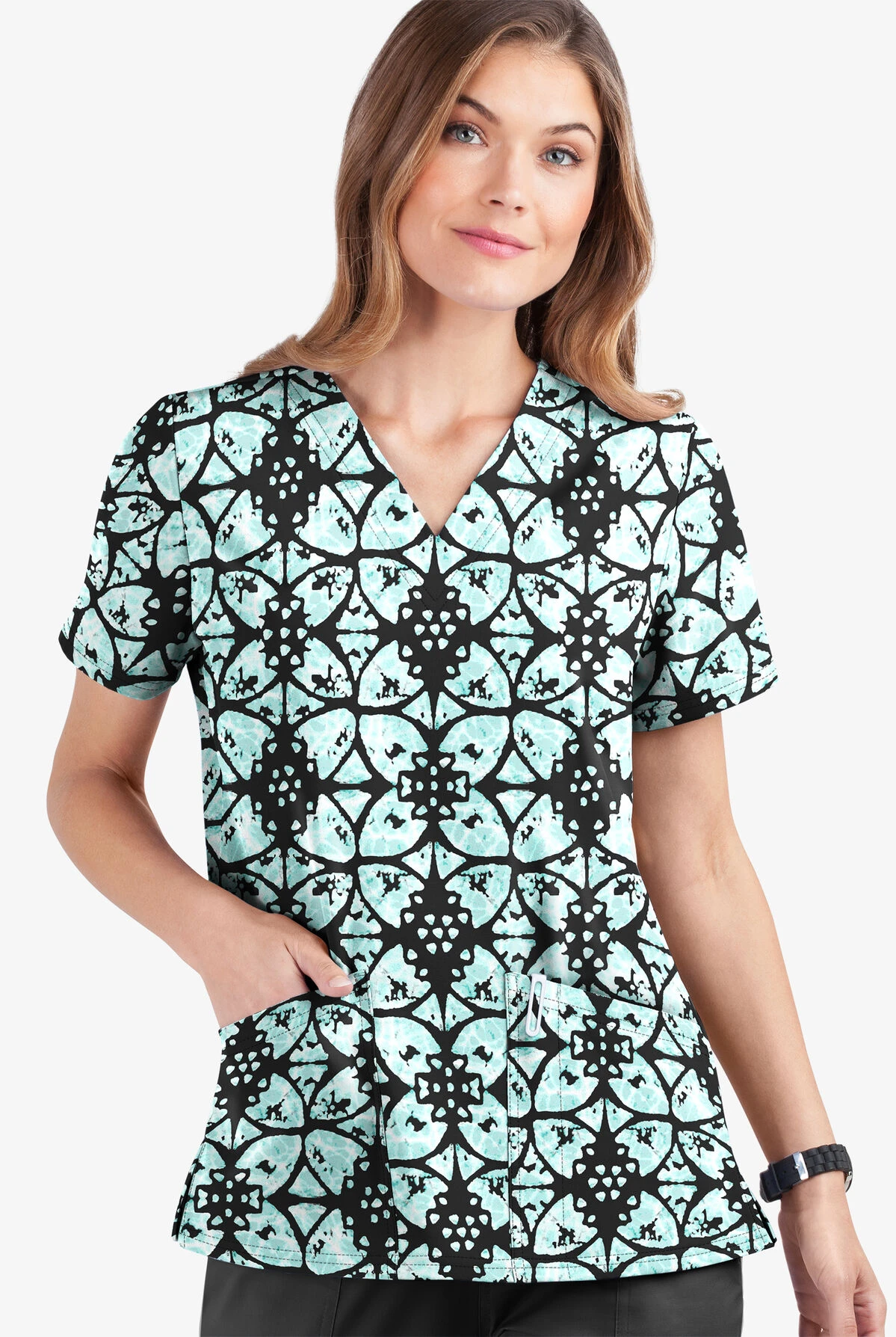 UA Butter-Soft STRETCH Desert Rose Black Printed Women's 2-Pocket V-Neck Scrub Top 4 UA Butter-Soft STRETCH Desert Rose Black Printed Women's 2-Pocket V-Neck Scrub Top - Image 2