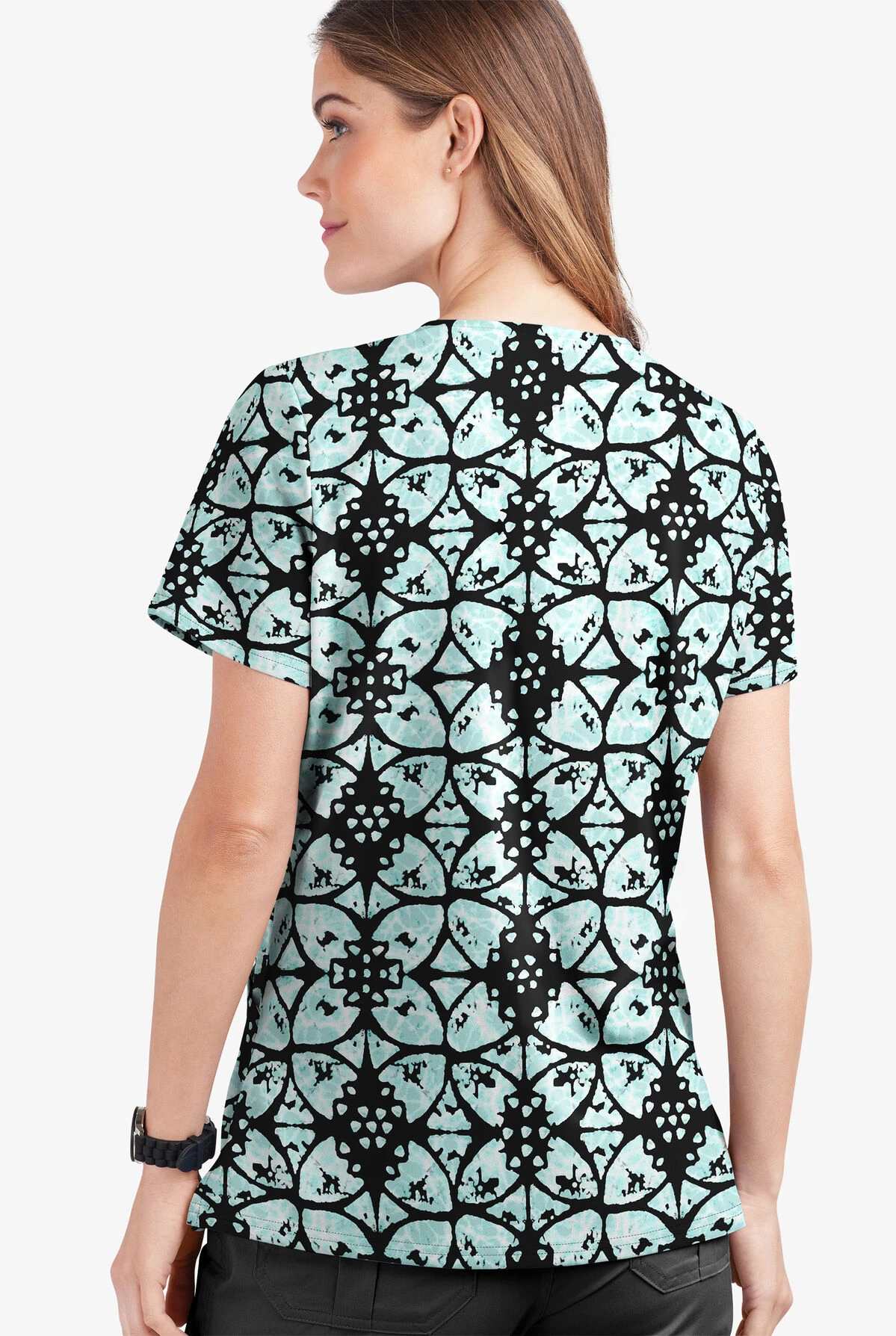 UA Butter-Soft STRETCH Desert Rose Black Printed Women's 2-Pocket V-Neck Scrub Top 5 UA Butter-Soft STRETCH Desert Rose Black Printed Women's 2-Pocket V-Neck Scrub Top - Image 3