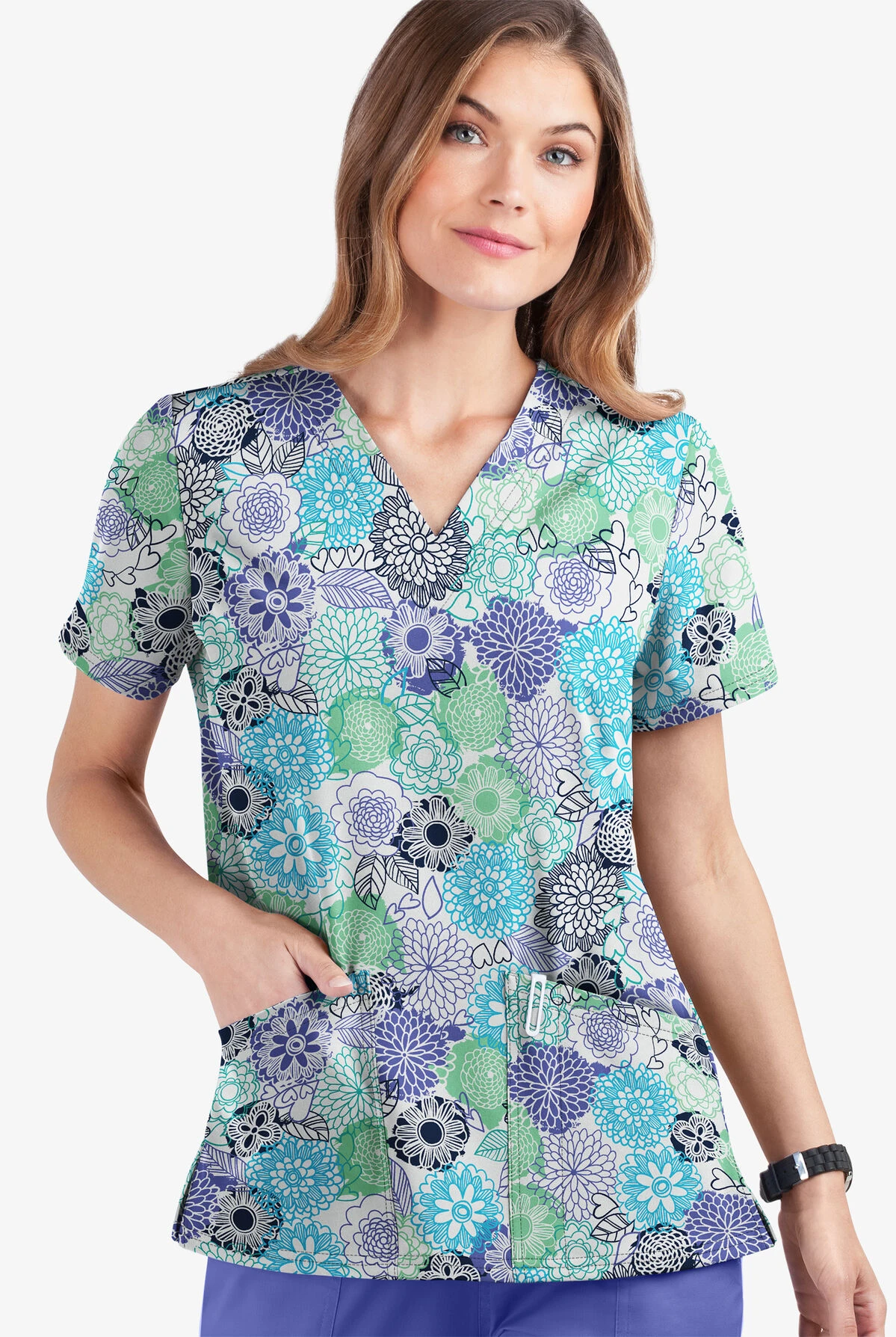 UA Butter-Soft STRETCH Danish Floral White Printed Women's 2-Pocket V-Neck Scrub Top 3 UA Butter-Soft STRETCH Danish Floral White Printed Women's 2-Pocket V-Neck Scrub Top