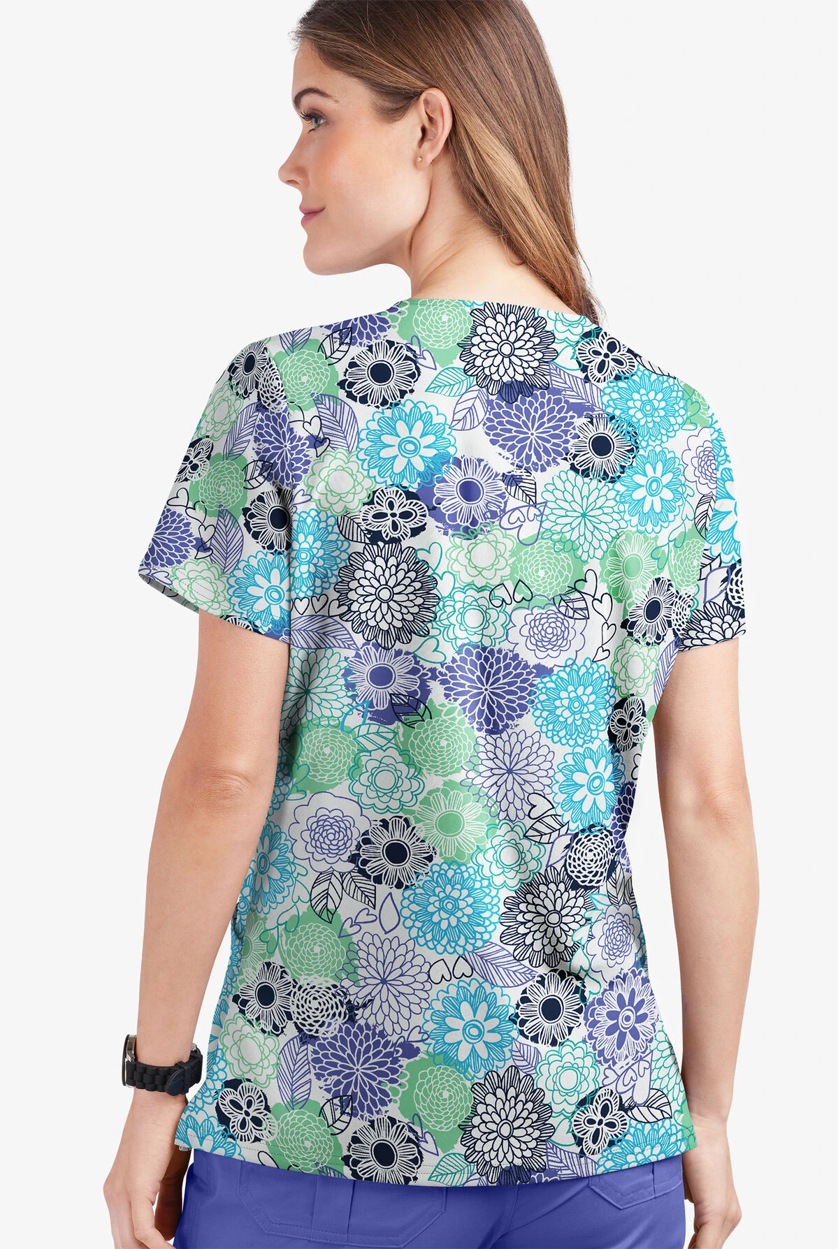 UA Butter-Soft STRETCH Danish Floral White Printed Women's 2-Pocket V-Neck Scrub Top 4 UA Butter-Soft STRETCH Danish Floral White Printed Women's 2-Pocket V-Neck Scrub Top - Image 2