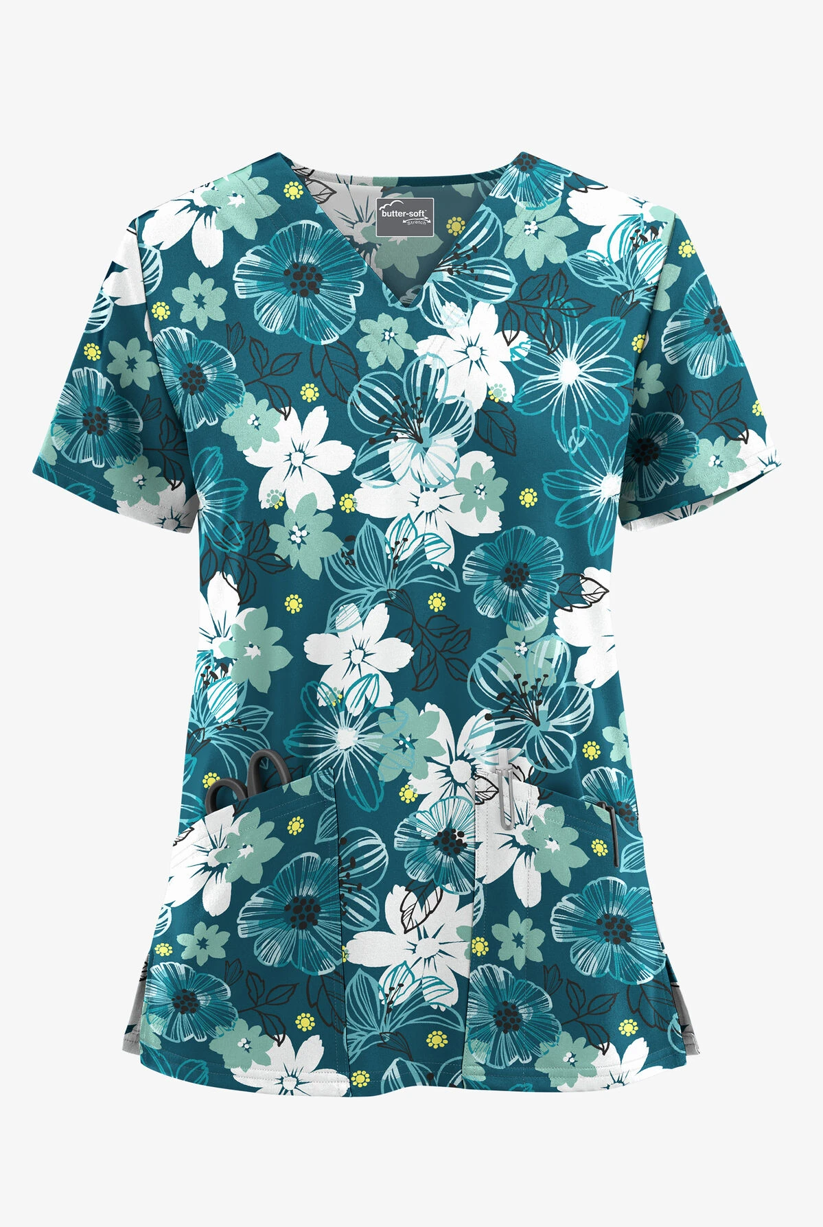 UA Butter-Soft STRETCH Floral Mirage Caribbean Blue Women's 2-Pocket V-Neck Printed Scrub Top 3 UA Butter-Soft STRETCH Floral Mirage Caribbean Blue Women's 2-Pocket V-Neck Printed Scrub Top