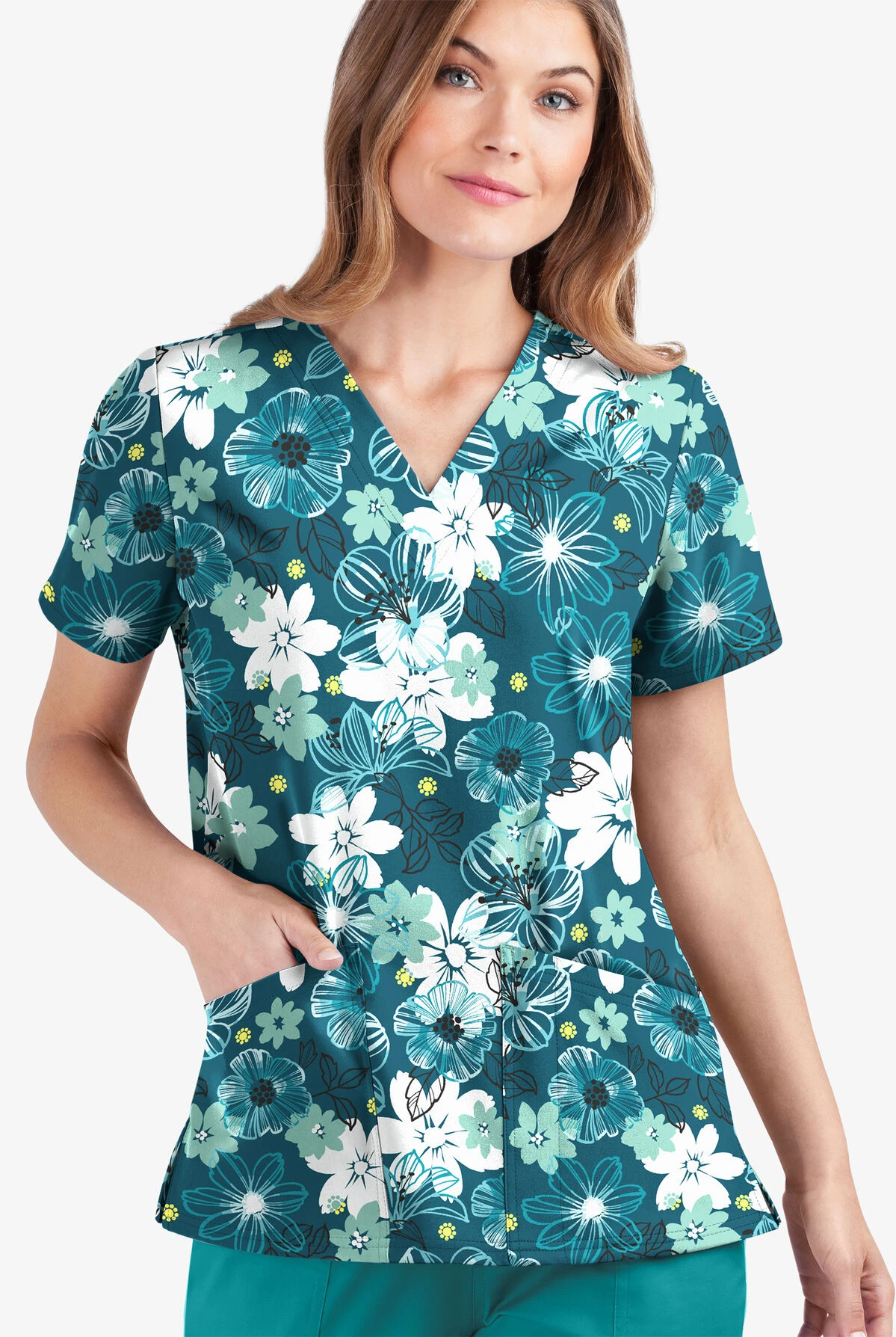 UA Butter-Soft STRETCH Floral Mirage Caribbean Blue Women's 2-Pocket V-Neck Printed Scrub Top 4 UA Butter-Soft STRETCH Floral Mirage Caribbean Blue Women's 2-Pocket V-Neck Printed Scrub Top - Image 2