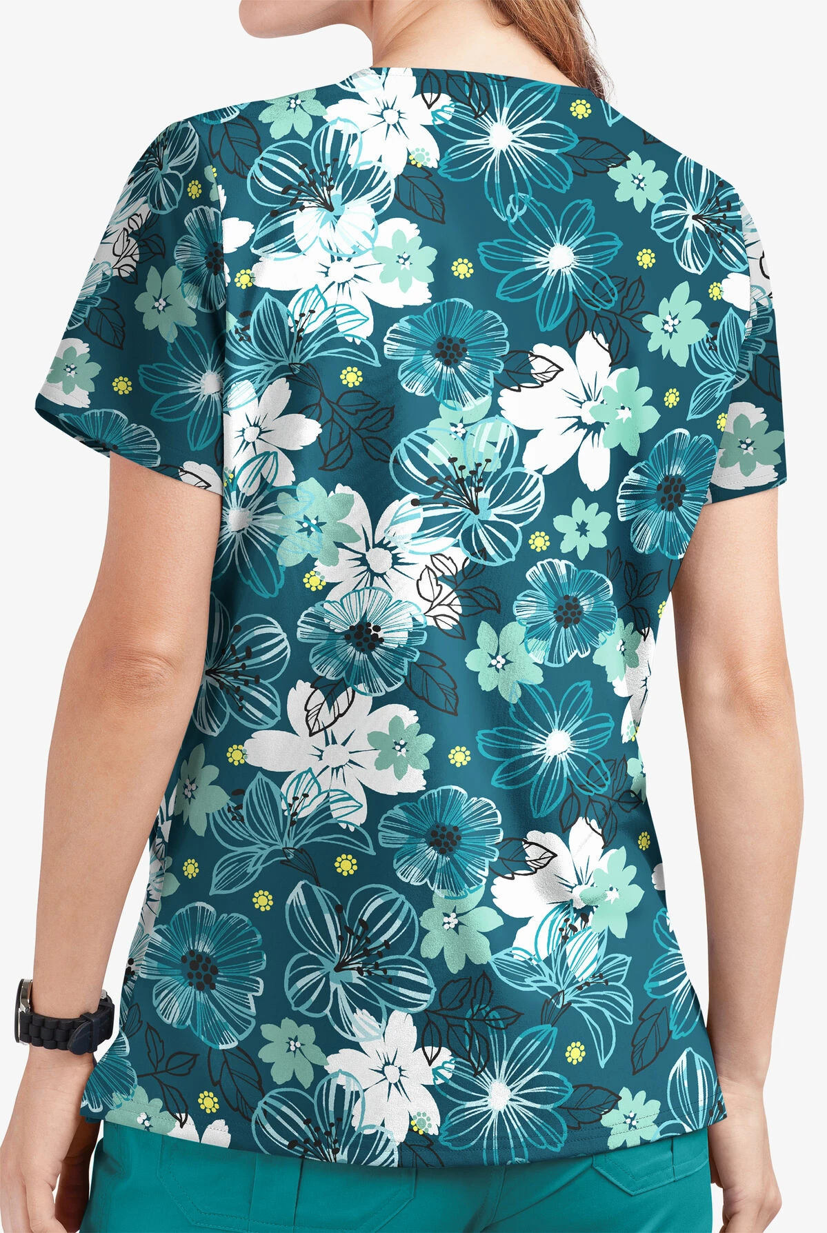 UA Butter-Soft STRETCH Floral Mirage Caribbean Blue Women's 2-Pocket V-Neck Printed Scrub Top 5 UA Butter-Soft STRETCH Floral Mirage Caribbean Blue Women's 2-Pocket V-Neck Printed Scrub Top - Image 3