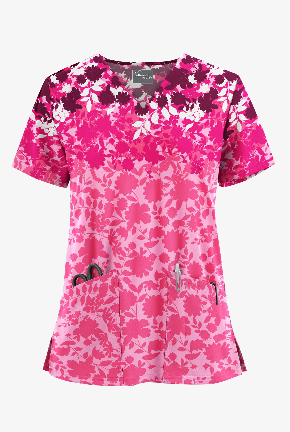 UA Butter-Soft STRETCH Floral Shadows Sweet Rose Women's 2-Pocket V-Neck Scrub Top 3 UA Butter-Soft STRETCH Floral Shadows Sweet Rose Women's 2-Pocket V-Neck Scrub Top
