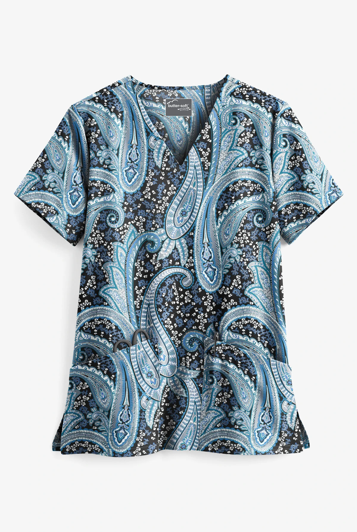 UA Butter-Soft STRETCH Floral Paisley Black Printed Women's 2-Pocket V-Neck Scrub Top 3 UA Butter-Soft STRETCH Floral Paisley Black Printed Women's 2-Pocket V-Neck Scrub Top