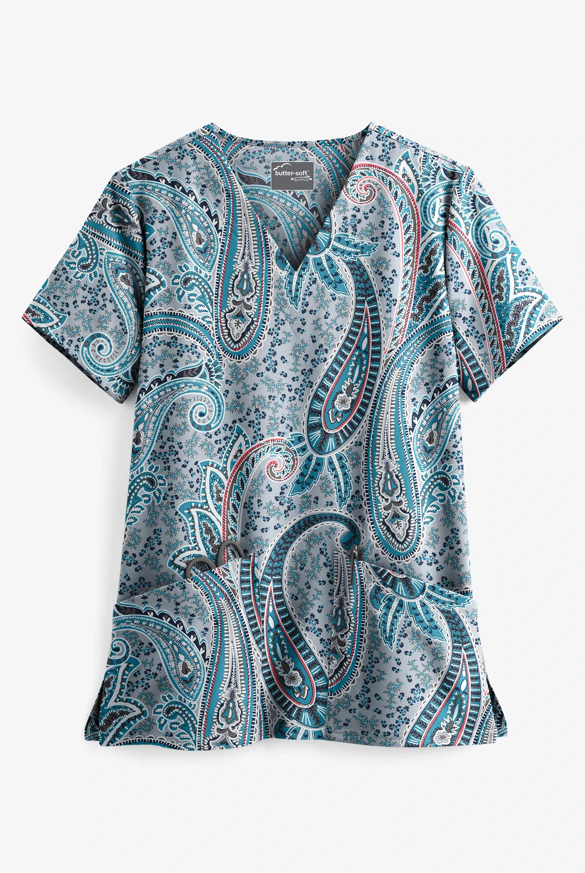 UA Butter-Soft STRETCH Floral Paisley Silver Women's 2-Pocket V-Neck Print Scrub Top 3 UA Butter-Soft STRETCH Floral Paisley Silver Women's 2-Pocket V-Neck Print Scrub Top
