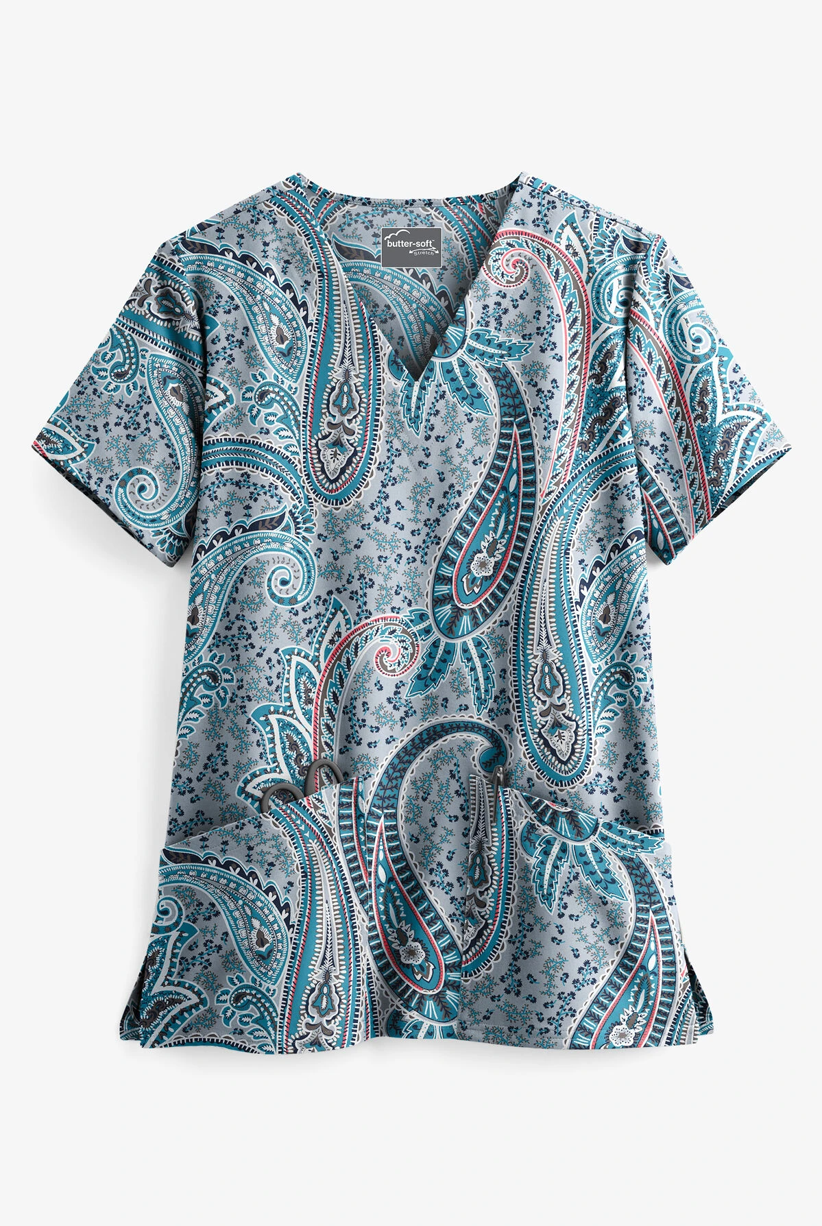 UA Butter-Soft STRETCH Floral Paisley Silver Women's 2-Pocket V-Neck Print Scrub Top 4 UA Butter-Soft STRETCH Floral Paisley Silver Women's 2-Pocket V-Neck Print Scrub Top - Image 2