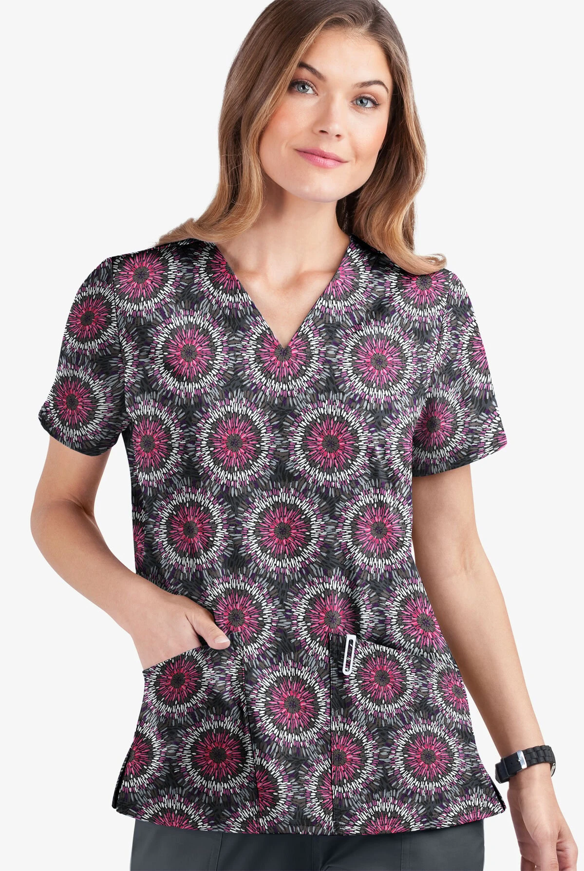 UA Butter-Soft STRETCH Splash Of Geo Pewter Women's 2-Pocket V-Neck Print Scrub Top 3 UA Butter-Soft STRETCH Splash Of Geo Pewter Women's 2-Pocket V-Neck Print Scrub Top