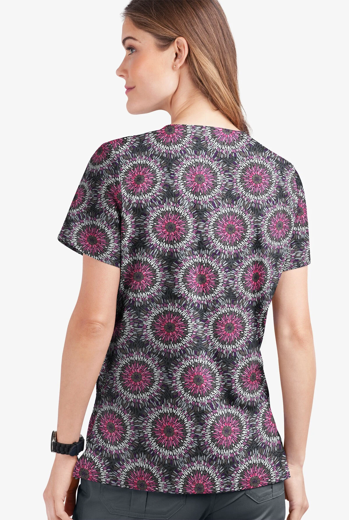 UA Butter-Soft STRETCH Splash Of Geo Pewter Women's 2-Pocket V-Neck Print Scrub Top 4 UA Butter-Soft STRETCH Splash Of Geo Pewter Women's 2-Pocket V-Neck Print Scrub Top - Image 2