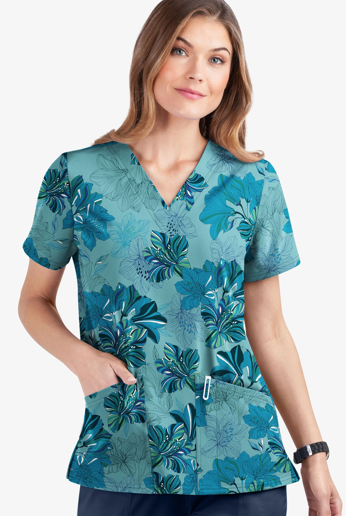 UA Butter-Soft STRETCH Garden Lilies Aqua Moon Women's 2-Pocket V-Neck Print Scrub Top 3 UA Butter-Soft STRETCH Garden Lilies Aqua Moon Women's 2-Pocket V-Neck Print Scrub Top