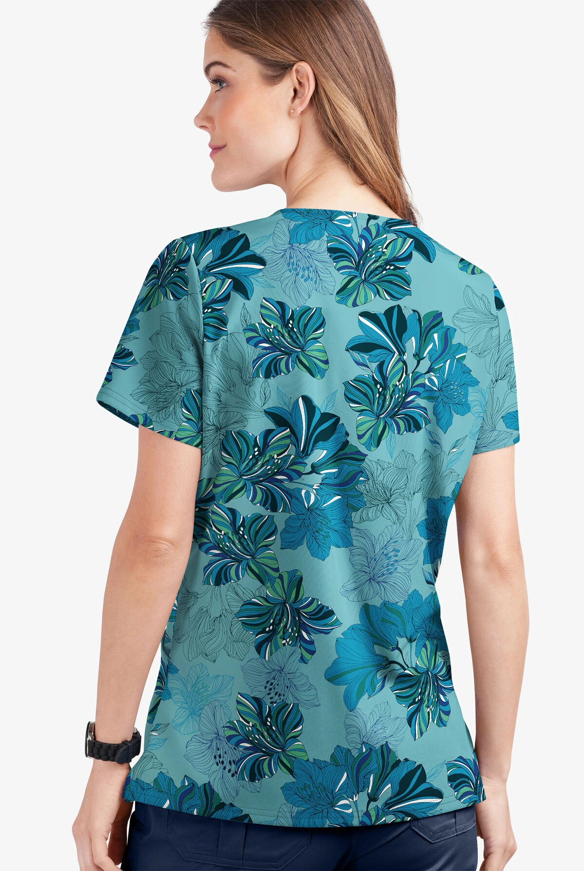 UA Butter-Soft STRETCH Garden Lilies Aqua Moon Women's 2-Pocket V-Neck Print Scrub Top 4 UA Butter-Soft STRETCH Garden Lilies Aqua Moon Women's 2-Pocket V-Neck Print Scrub Top - Image 2