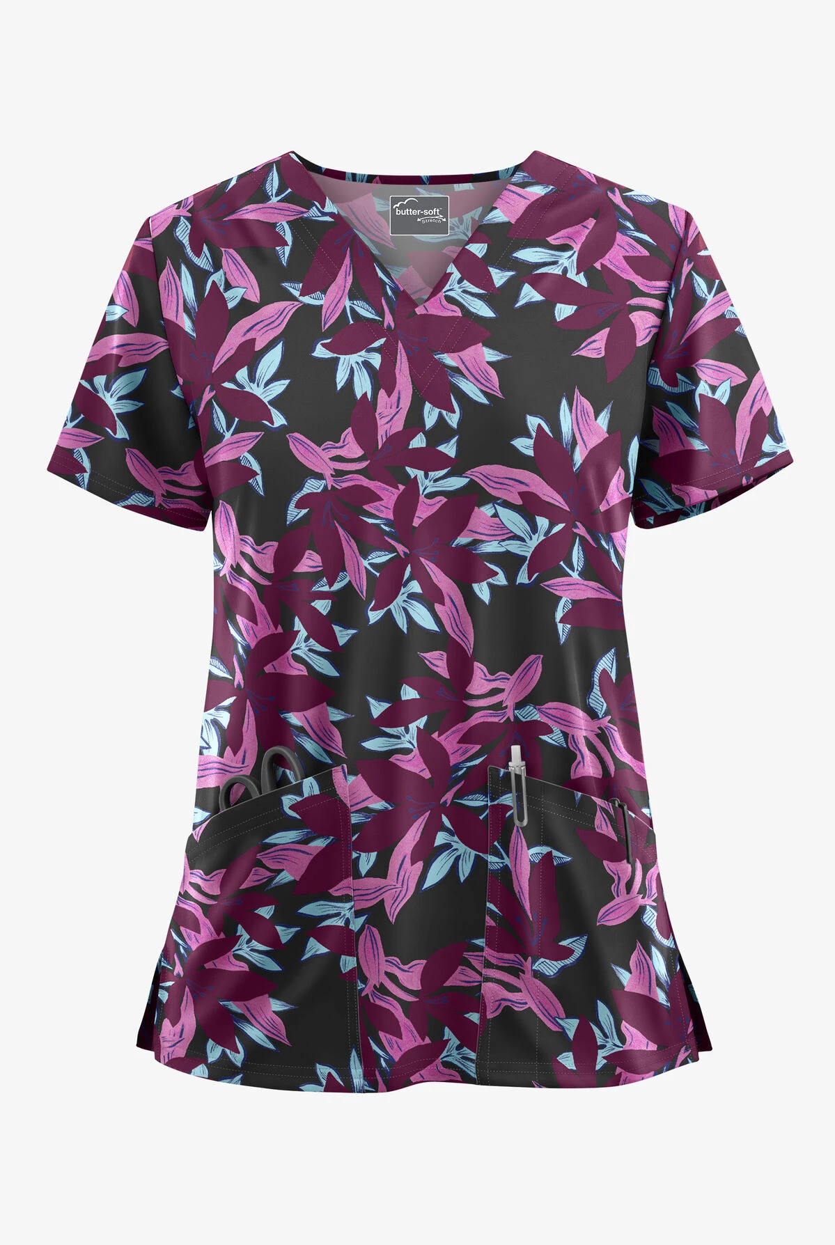UA Butter-Soft STRETCH Happy Morning Floral Wine Women's 2-Pocket V-Neck Print Scrub Top 3 UA Butter-Soft STRETCH Happy Morning Floral Wine Women's 2-Pocket V-Neck Print Scrub Top