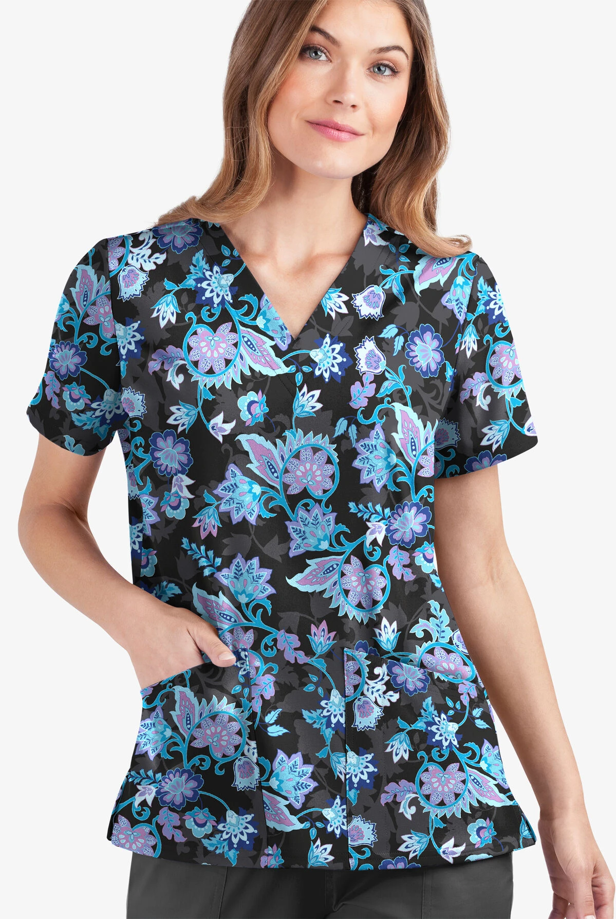UA Butter-Soft STRETCH Jacobean Spring Women's 2-Pocket V-Neck Printed Scrub Top 4 UA Butter-Soft STRETCH Jacobean Spring Women's 2-Pocket V-Neck Printed Scrub Top - Image 2