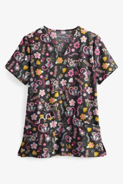 UA Butter-Soft STRETCH Lemur Love Black Printed Women's 2-Pocket V-Neck Scrub Top