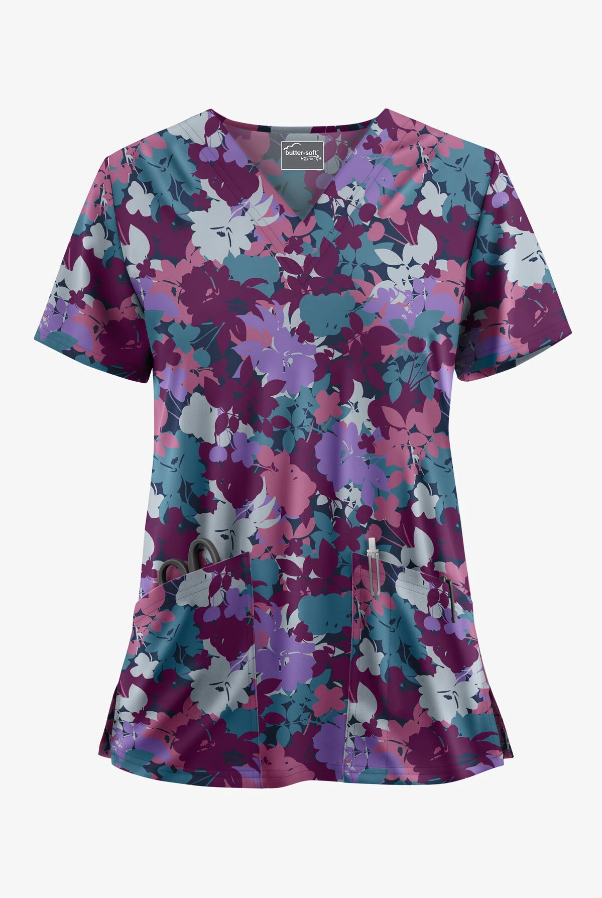 UA Butter-Soft STRETCH Layered Floral Navy Women's 2-Pocket V-Neck Print Scrub Top 3 UA Butter-Soft STRETCH Layered Floral Navy Women's 2-Pocket V-Neck Print Scrub Top