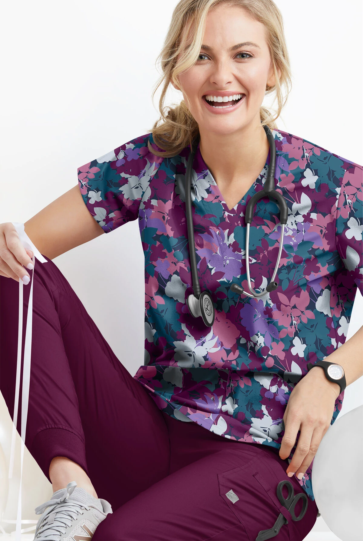 UA Butter-Soft STRETCH Layered Floral Navy Women's 2-Pocket V-Neck Print Scrub Top 4 UA Butter-Soft STRETCH Layered Floral Navy Women's 2-Pocket V-Neck Print Scrub Top - Image 2