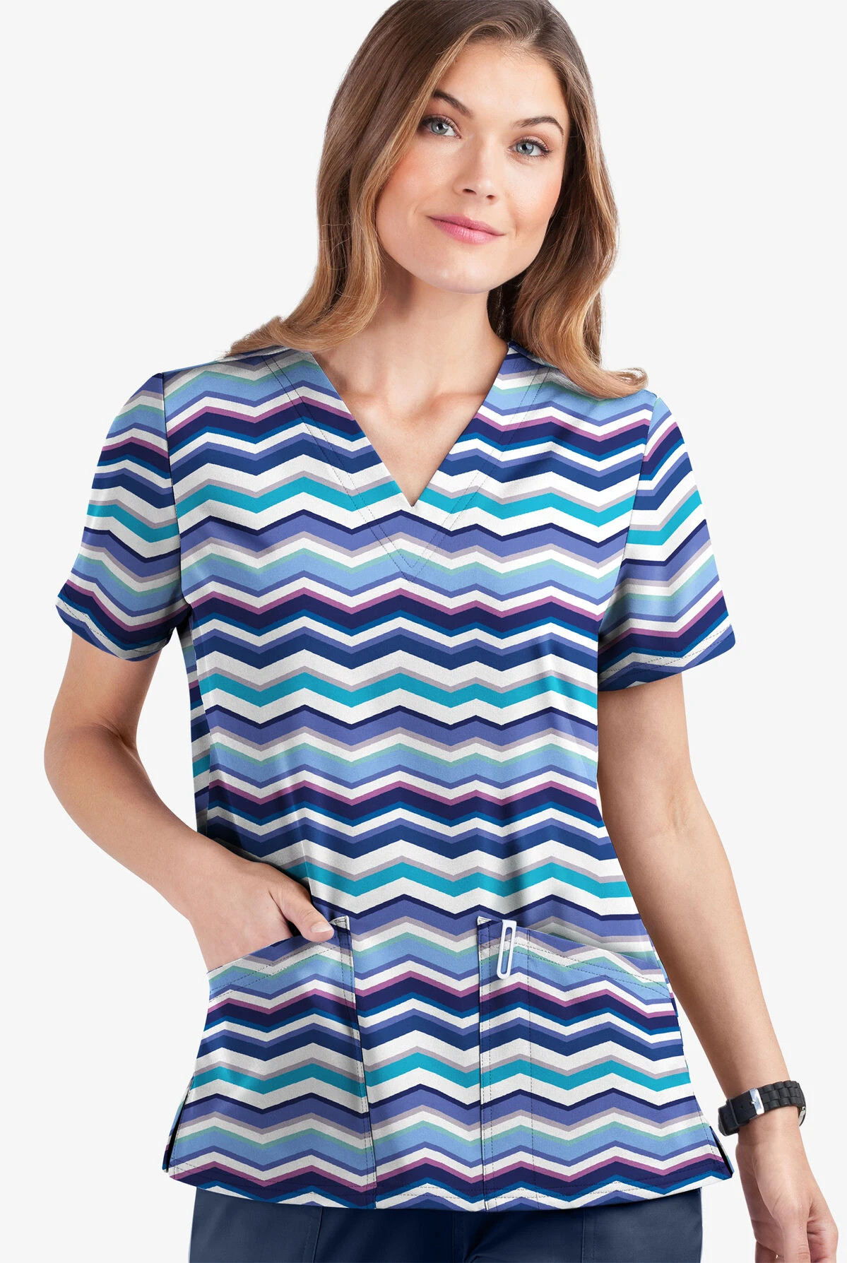 UA Butter-Soft STRETCH Miami Deco Aqua Moon Women's 2-Pocket V-Neck Print Scrub Top 3 UA Butter-Soft STRETCH Miami Deco Aqua Moon Women's 2-Pocket V-Neck Print Scrub Top