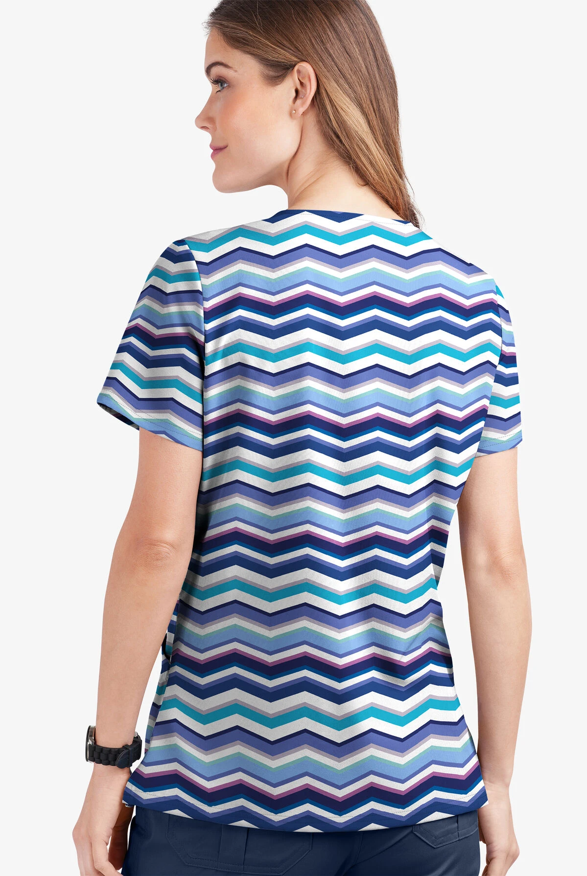 UA Butter-Soft STRETCH Miami Deco Aqua Moon Women's 2-Pocket V-Neck Print Scrub Top 4 UA Butter-Soft STRETCH Miami Deco Aqua Moon Women's 2-Pocket V-Neck Print Scrub Top - Image 2