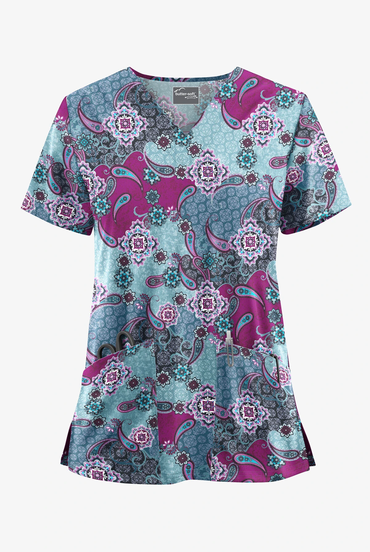 UA Butter-Soft STRETCH Mixed Medallion Indigo Denim Women's 2-Pocket V-Neck Print Scrub Top 3 UA Butter-Soft STRETCH Mixed Medallion Indigo Denim Women's 2-Pocket V-Neck Print Scrub Top
