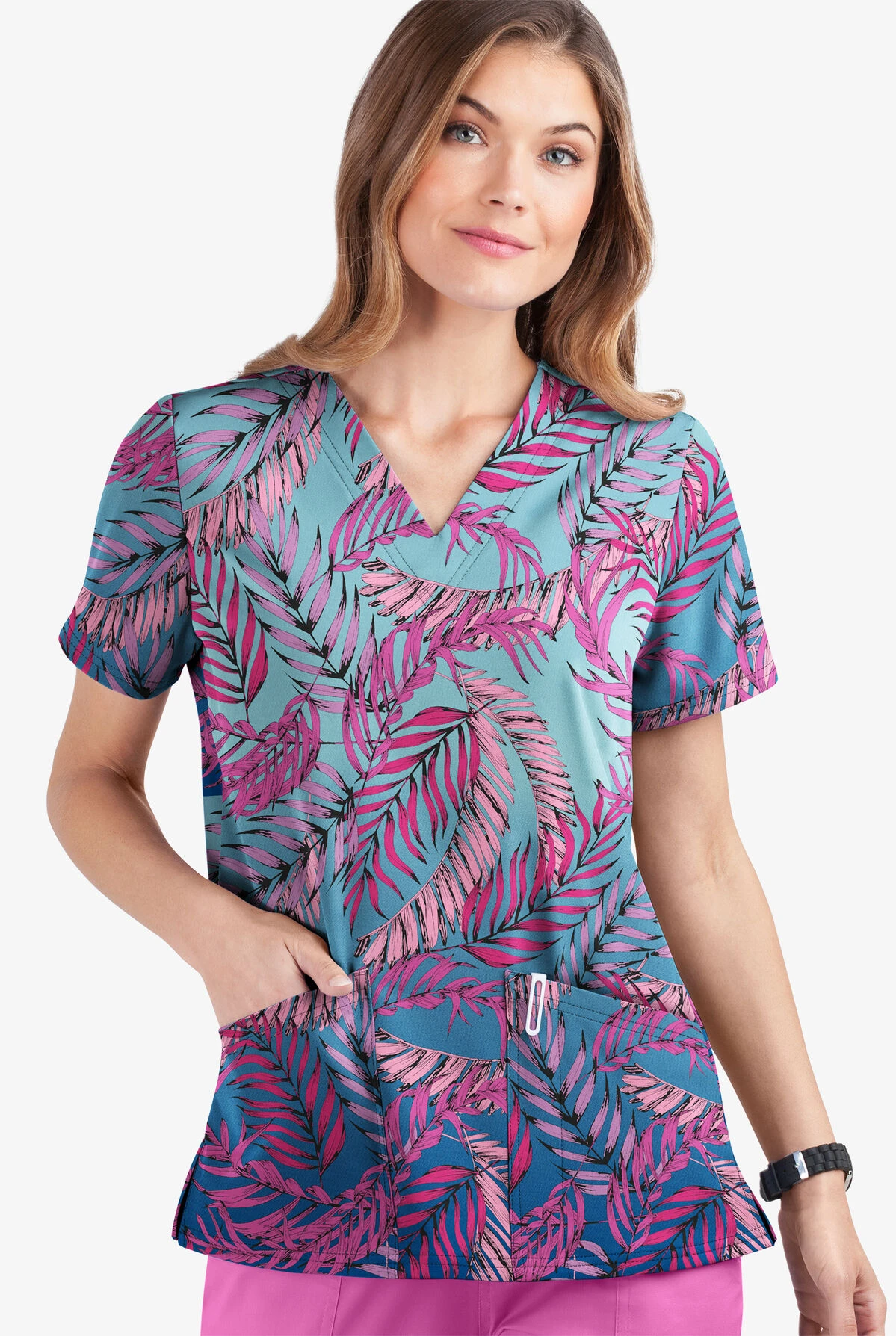 UA Butter-Soft STRETCH Palm Fronds Rosebud Women's 2-Pocket V-Neck Print Scrub Top 3 UA Butter-Soft STRETCH Palm Fronds Rosebud Women's 2-Pocket V-Neck Print Scrub Top