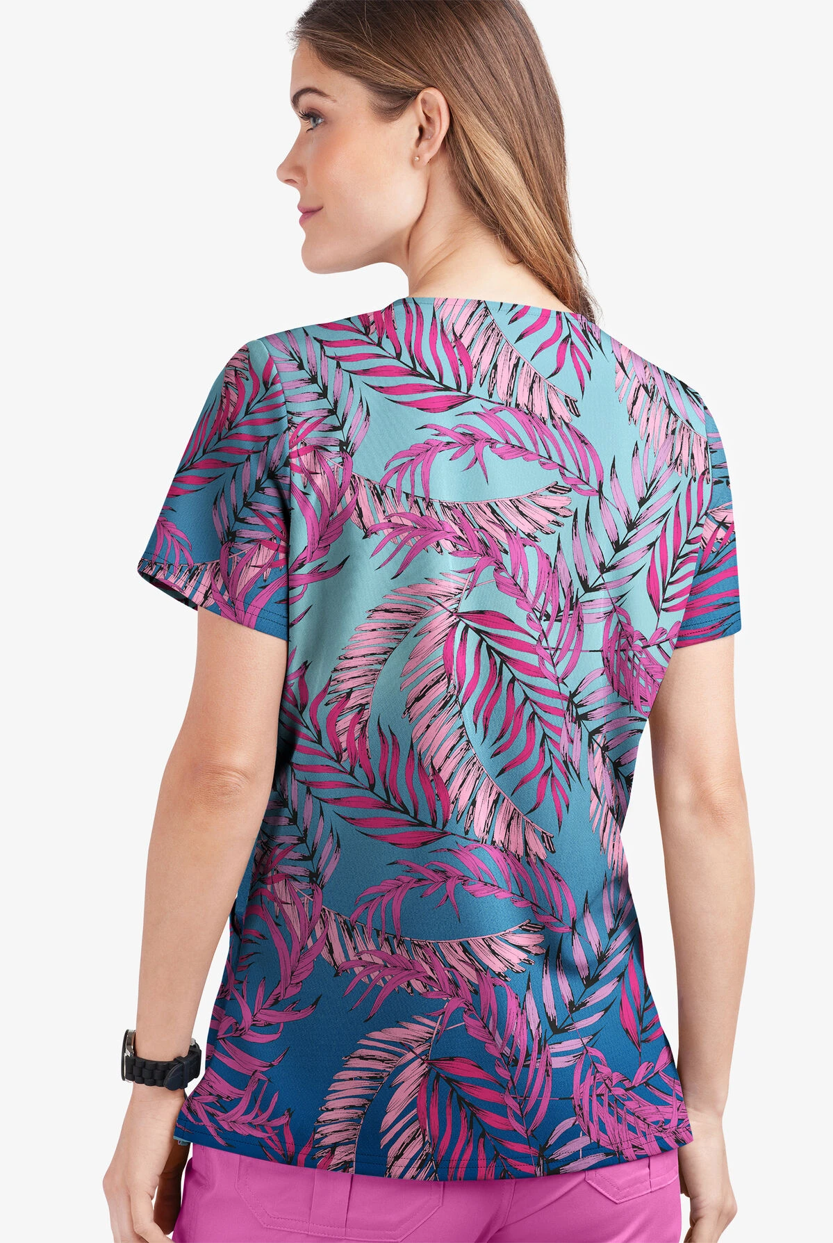 UA Butter-Soft STRETCH Palm Fronds Rosebud Women's 2-Pocket V-Neck Print Scrub Top 4 UA Butter-Soft STRETCH Palm Fronds Rosebud Women's 2-Pocket V-Neck Print Scrub Top - Image 2