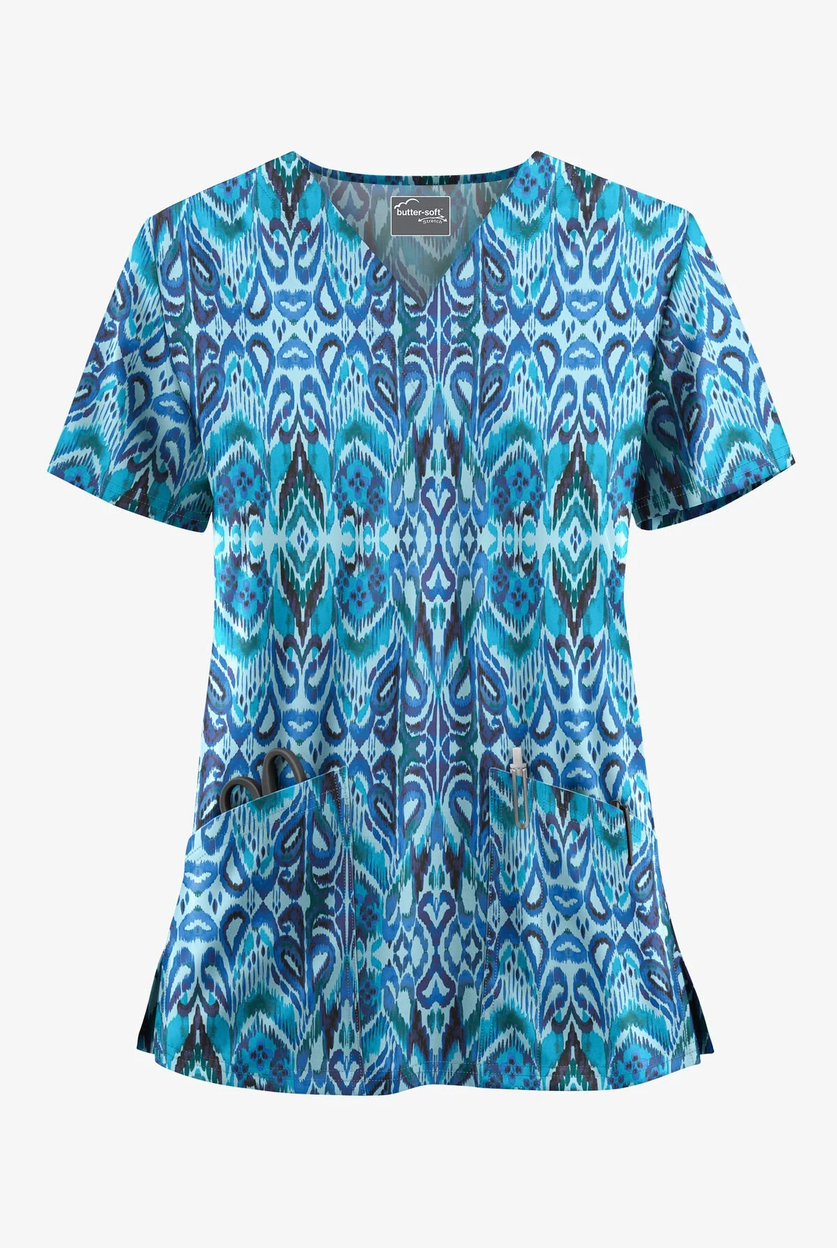 UA Butter-Soft STRETCH Romanian Ikat Dew Drop Women's 2-Pocket V-Neck Print Scrub Top 3 UA Butter-Soft STRETCH Romanian Ikat Dew Drop Women's 2-Pocket V-Neck Print Scrub Top