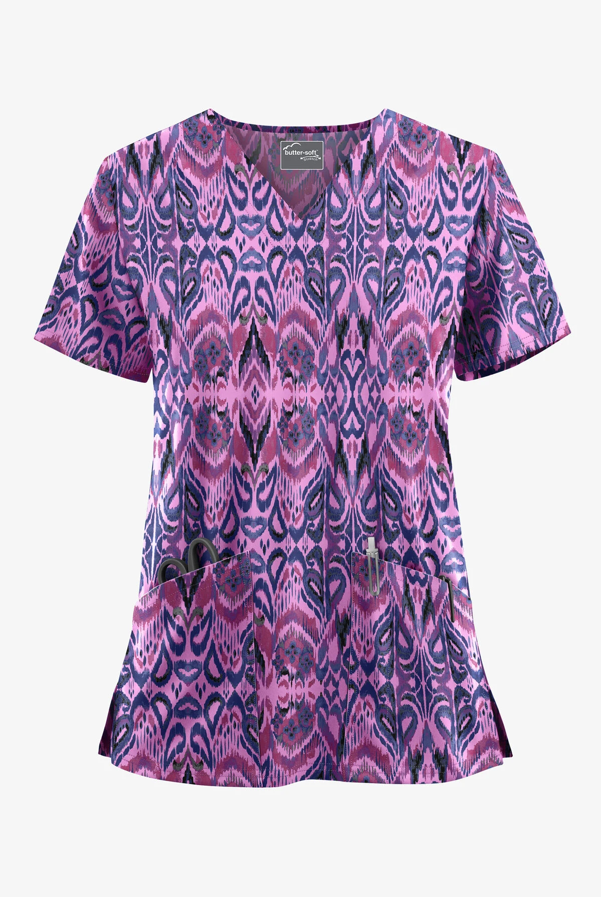 UA Butter-Soft STRETCH Romanian Ikat Orchid Women's 2-Pocket V-Neck Print Scrub Top 3 UA Butter-Soft STRETCH Romanian Ikat Orchid Women's 2-Pocket V-Neck Print Scrub Top