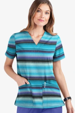 UA Butter-Soft STRETCH Reigning Stripes Turquoise Women's 2-Pocket V-Neck Print Scrub Top