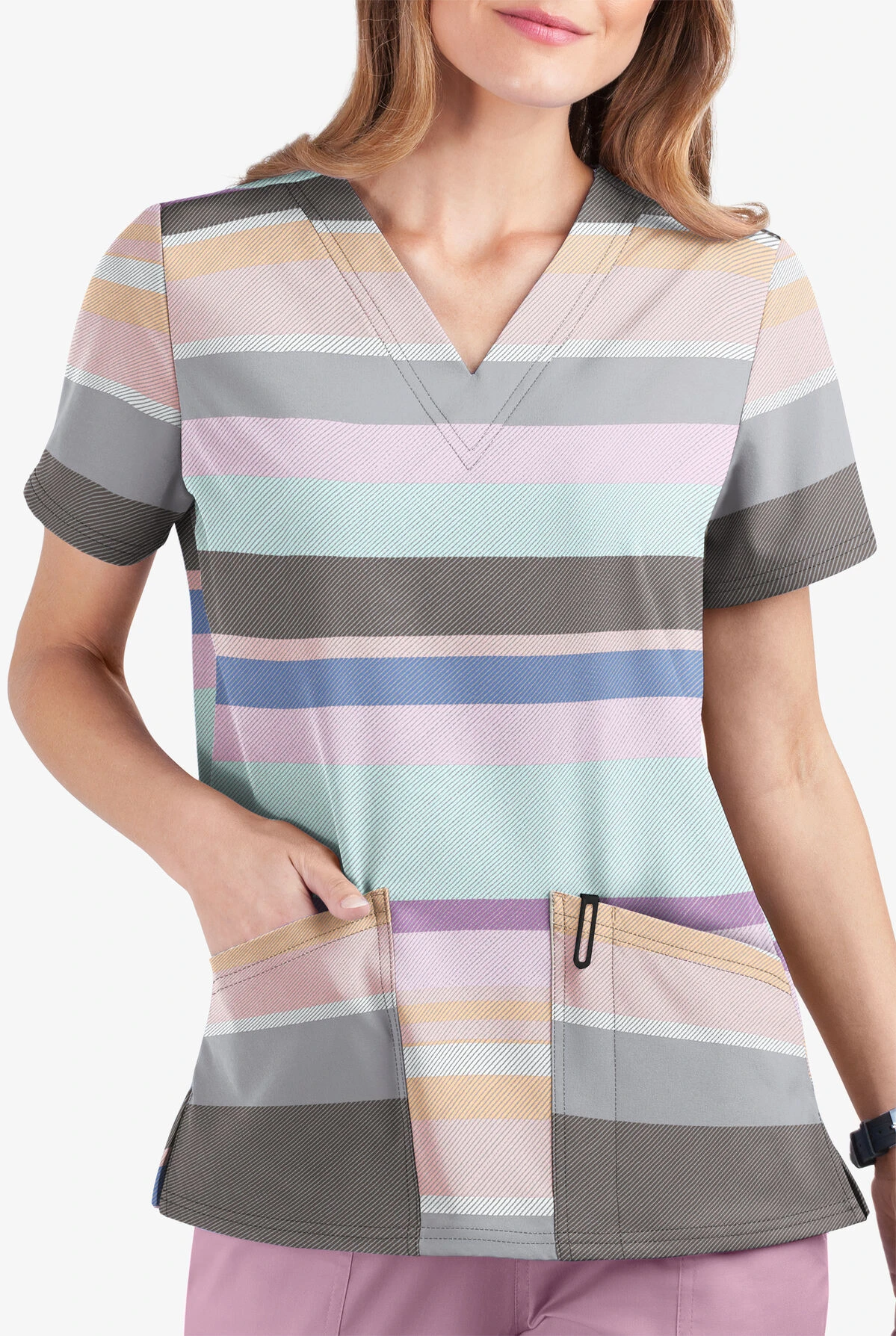 UA Butter-Soft STRETCH Stripes On Stripes Cool Grey Women's 2-Pocket V-Neck Print Scrub Top 3 UA Butter-Soft STRETCH Stripes On Stripes Cool Grey Women's 2-Pocket V-Neck Print Scrub Top